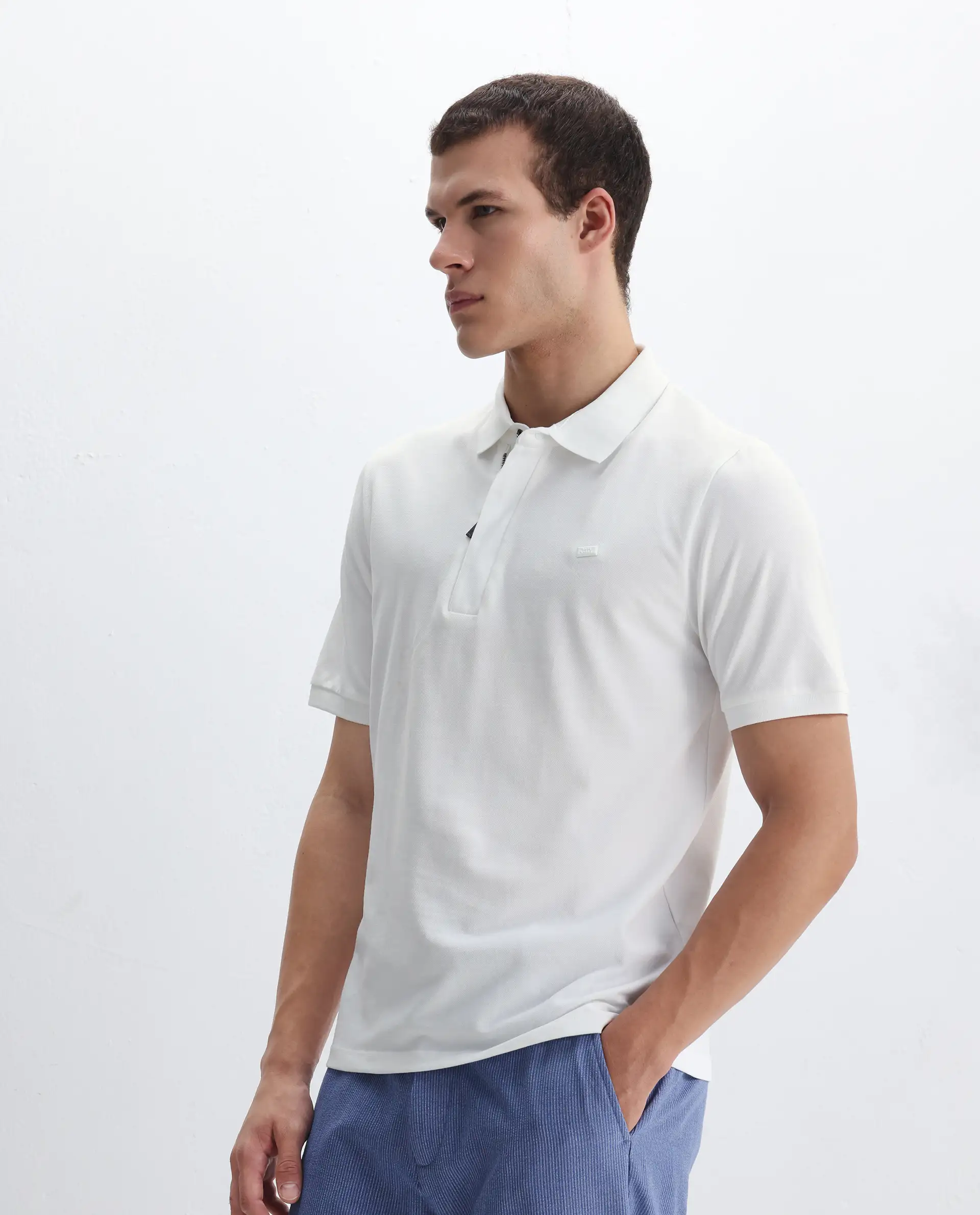 Rare Rabbit Men's Salis-2 White Cotton Plain Regular Fit Half Sleeve Polo - Image 4
