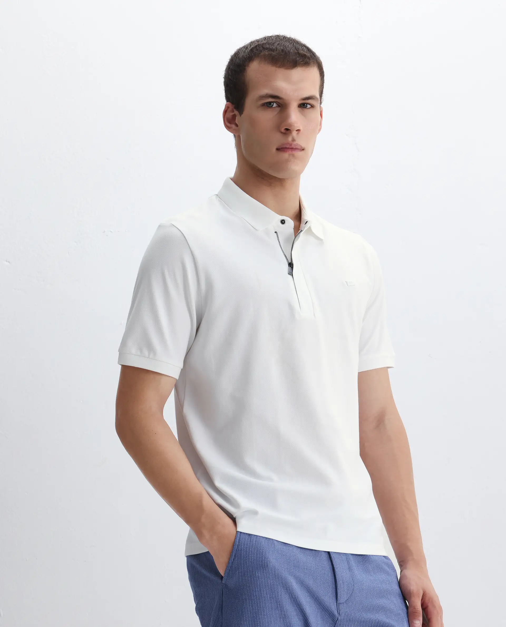 Rare Rabbit Men's Salis-2 White Cotton Plain Regular Fit Half Sleeve Polo - Image 5