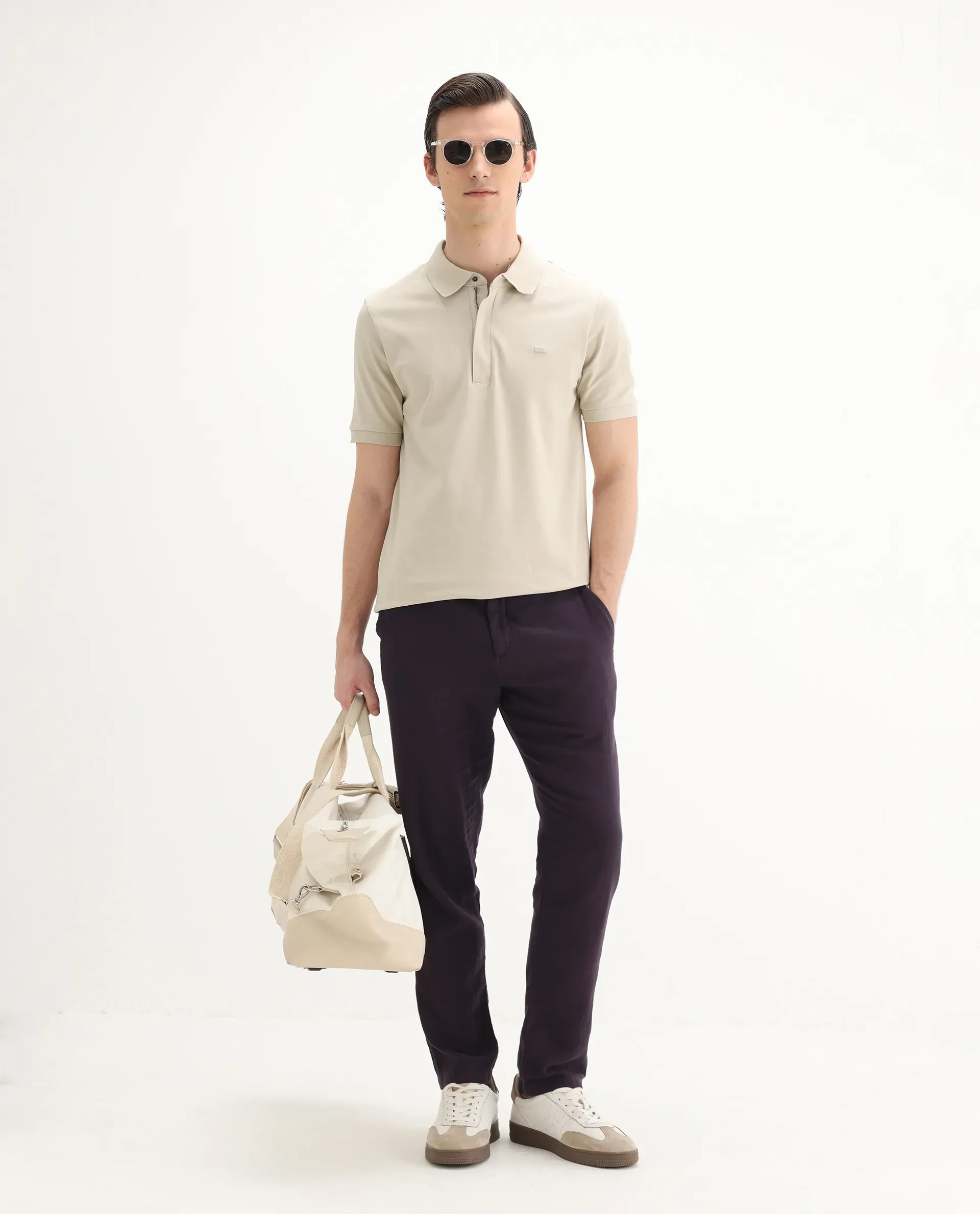 Rare Rabbit Men's Salis-25 Beige Cotton Blend Plain Regular Fit Half Sleeve Polo - Image 2