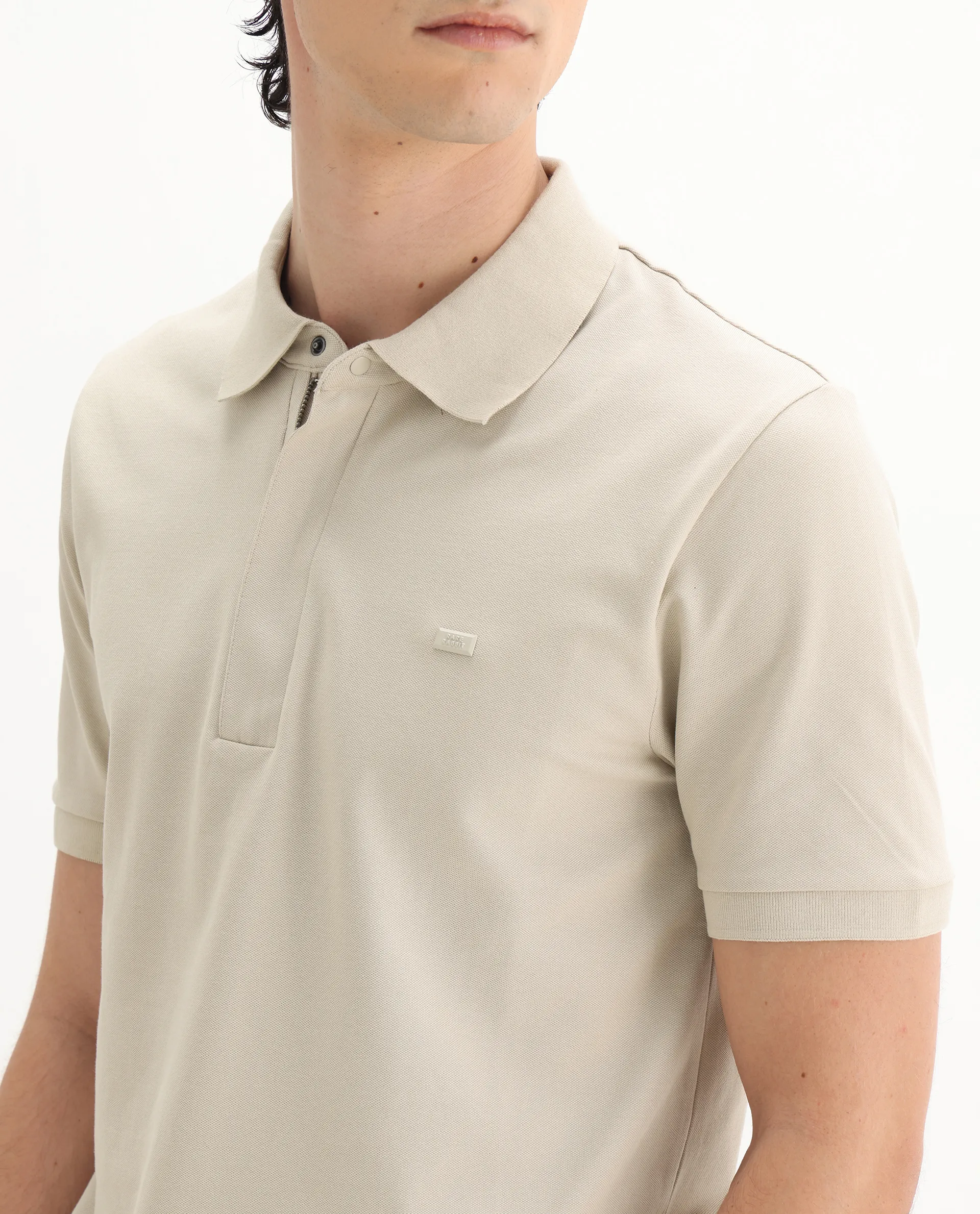 Rare Rabbit Men's Salis-25 Beige Cotton Blend Plain Regular Fit Half Sleeve Polo - Image 3