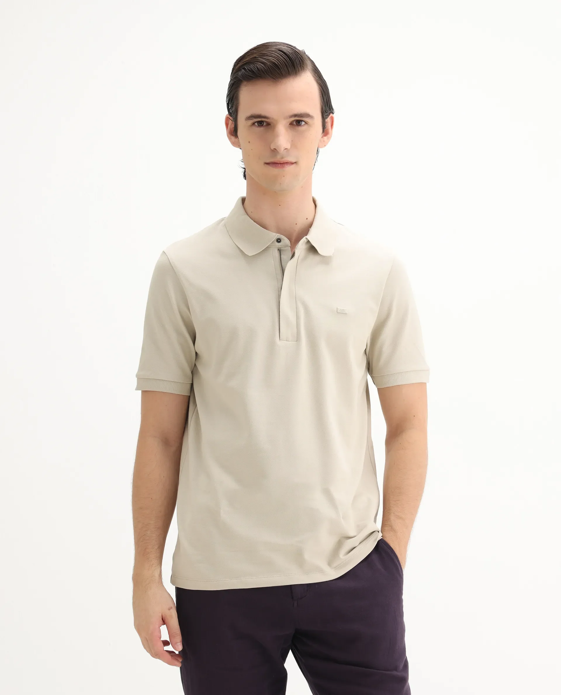 Rare Rabbit Men's Salis-25 Beige Cotton Blend Plain Regular Fit Half Sleeve Polo - Image 4