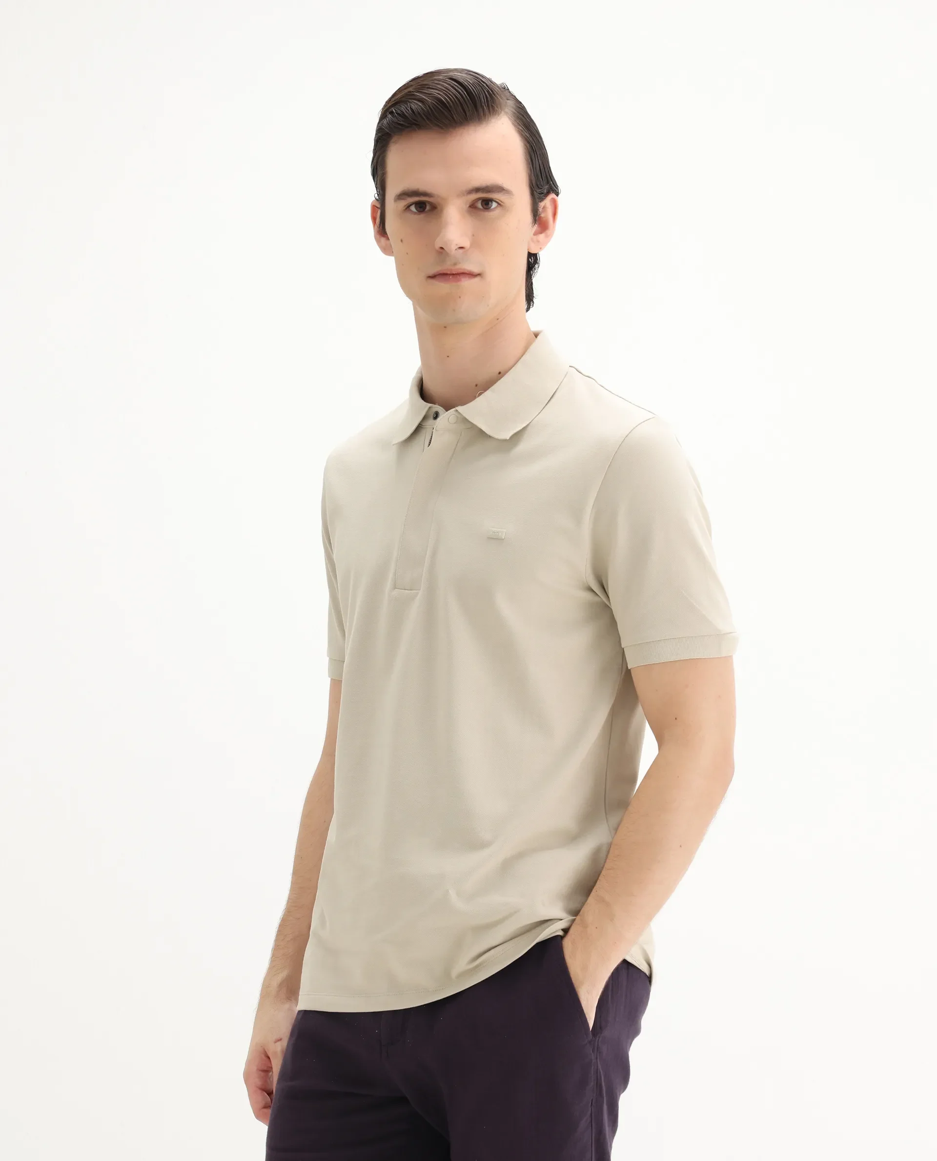 Rare Rabbit Men's Salis-25 Beige Cotton Blend Plain Regular Fit Half Sleeve Polo - Image 5
