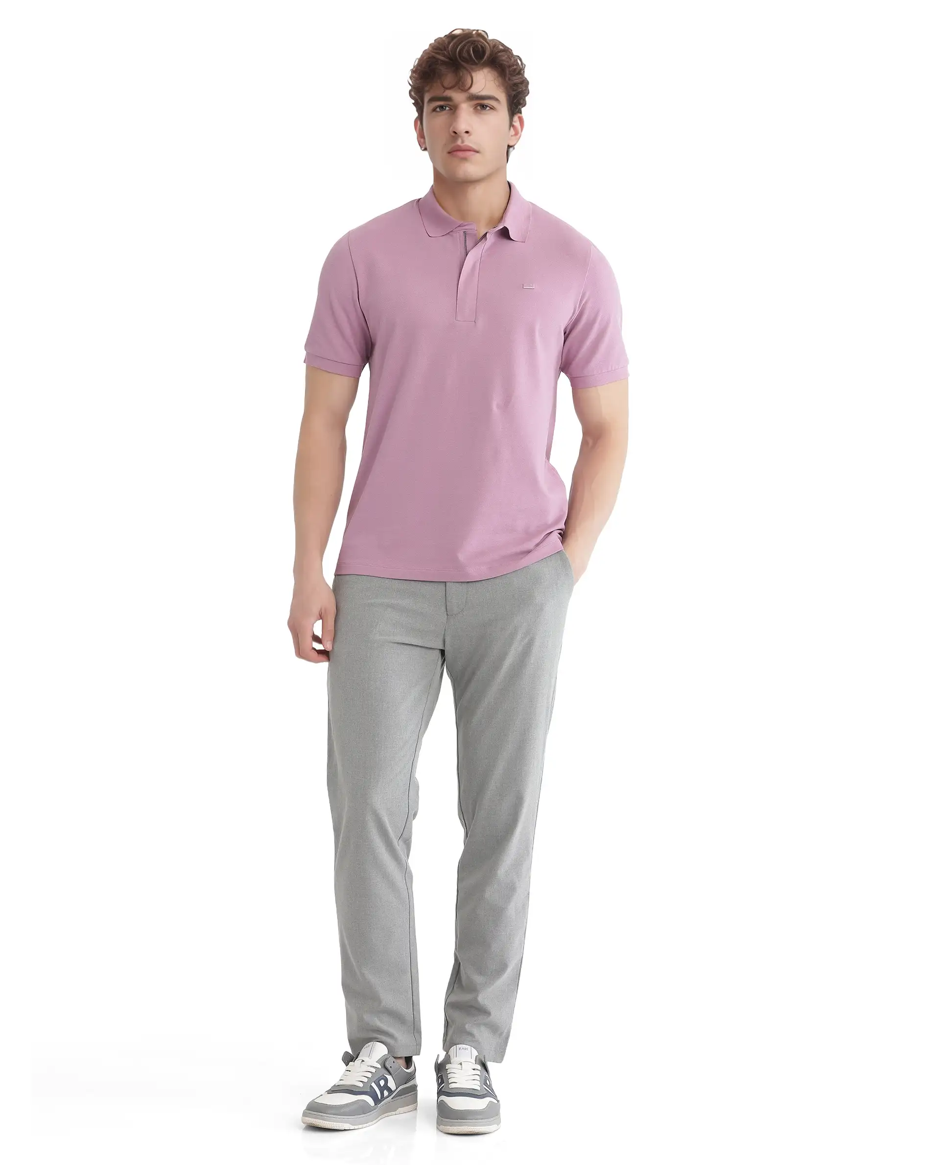 Rare Rabbit Men's Salis-25 Dusky Pink Cotton Blend Plain Regular Fit Half Sleeve Polo - Image 2