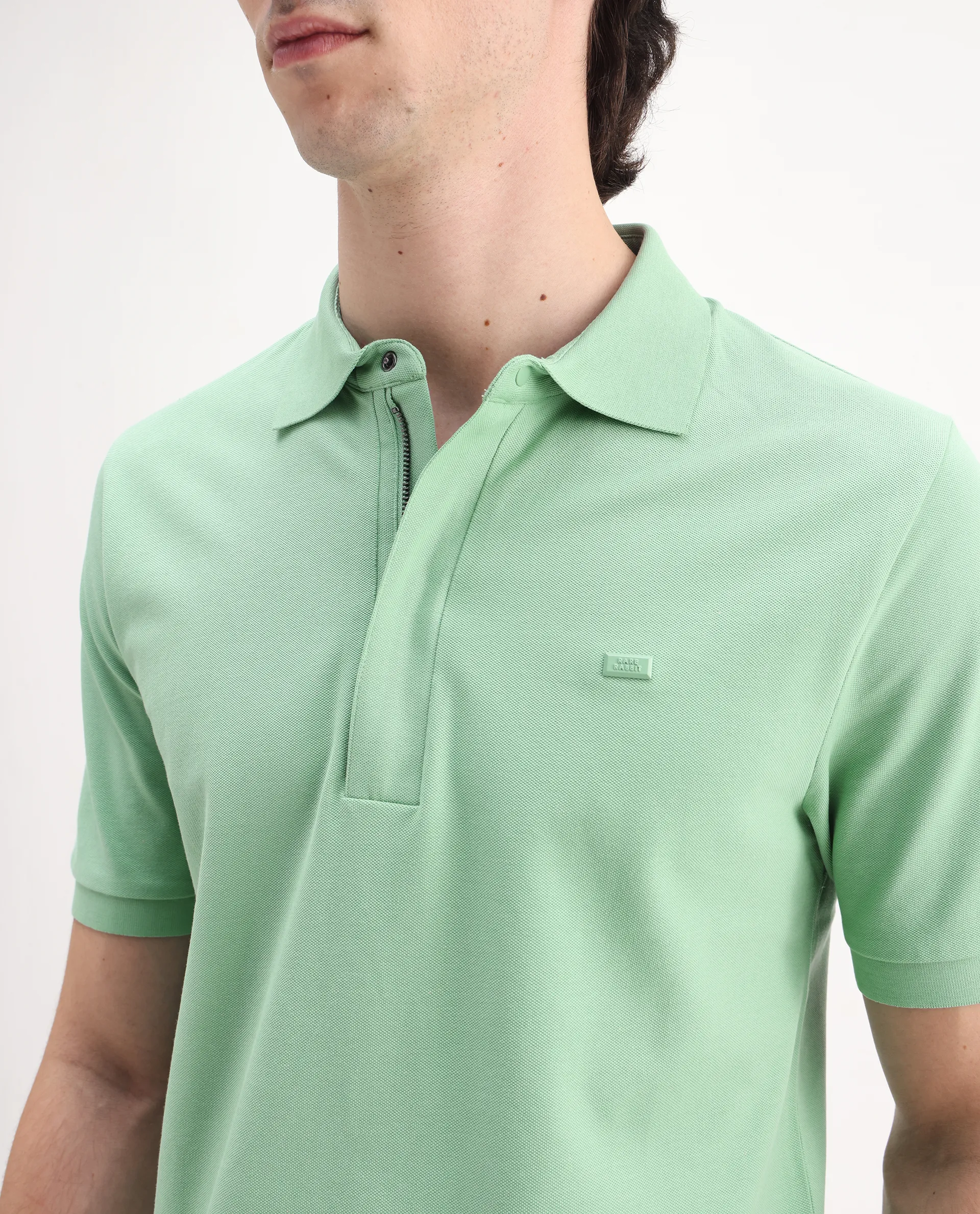 Rare Rabbit Men's Salis-25 Green Cotton Blend Plain Regular Fit Half Sleeve Polo - Image 3