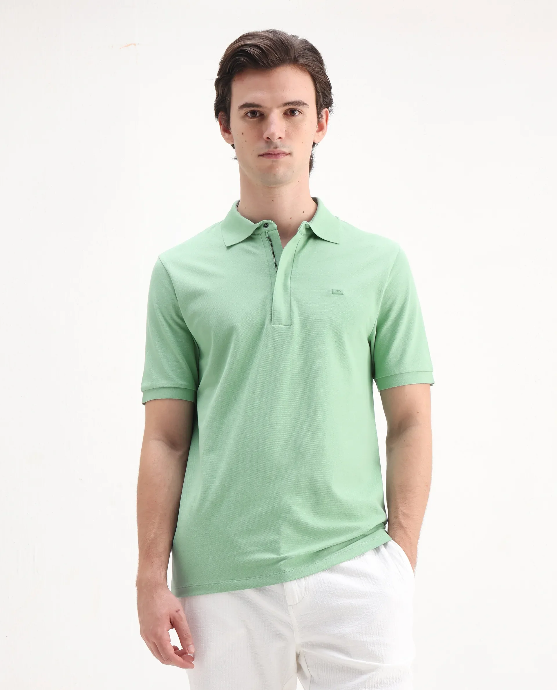 Rare Rabbit Men's Salis-25 Green Cotton Blend Plain Regular Fit Half Sleeve Polo - Image 4