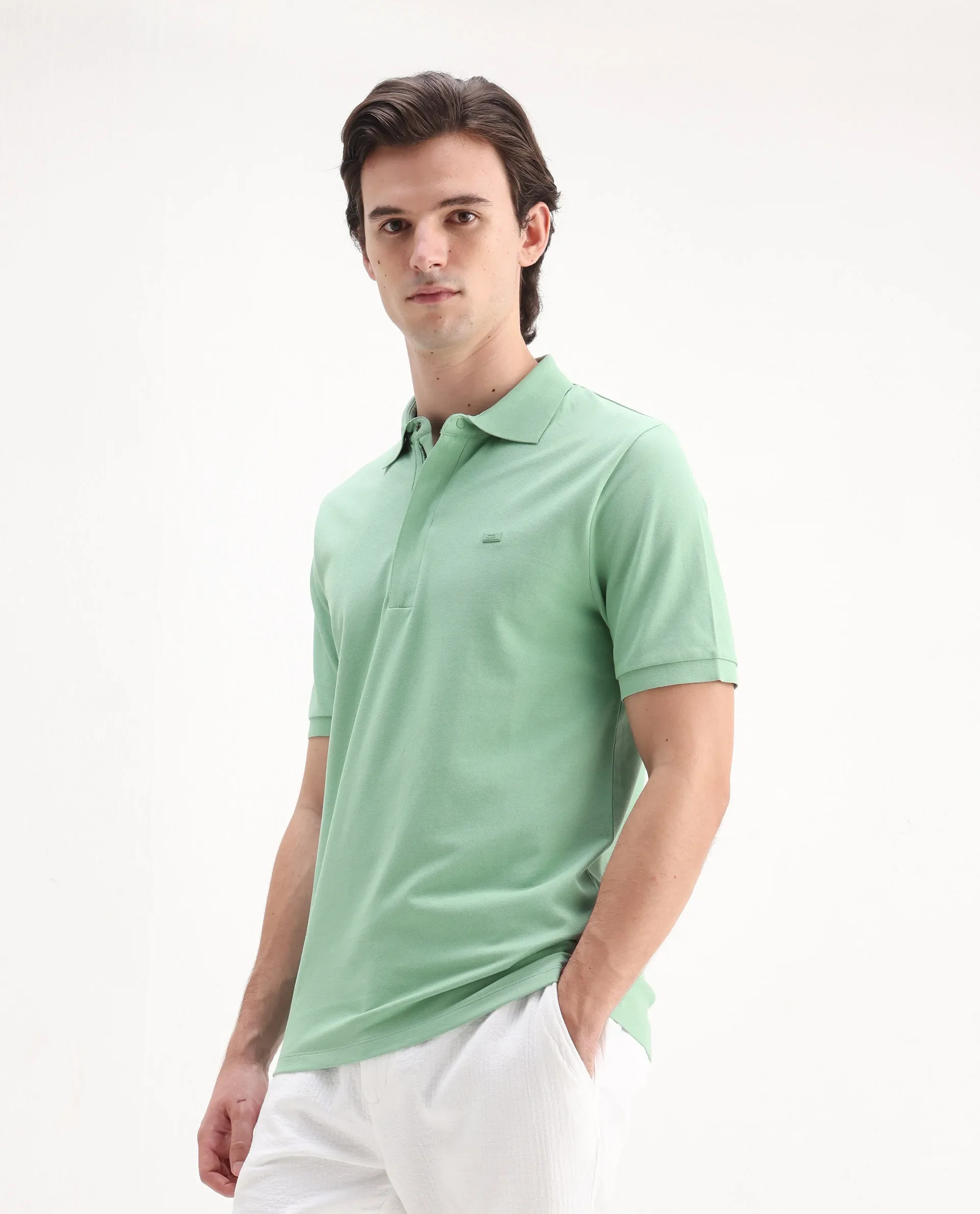 Rare Rabbit Men's Salis-25 Green Cotton Blend Plain Regular Fit Half Sleeve Polo - Image 5