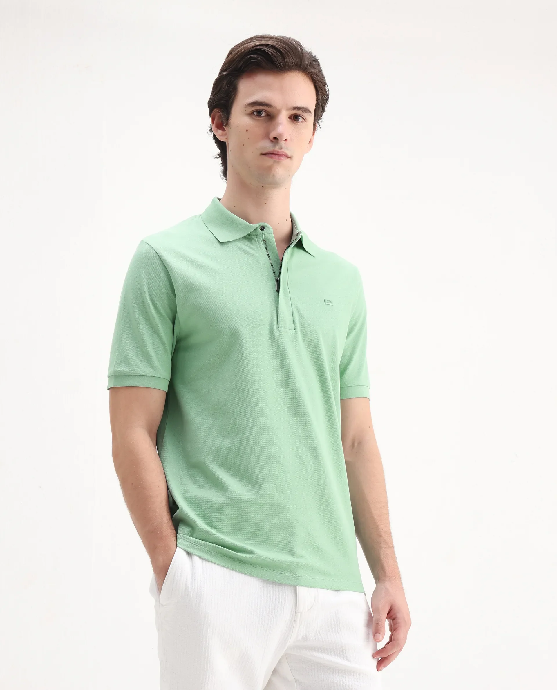 Rare Rabbit Men's Salis-25 Green Cotton Blend Plain Regular Fit Half Sleeve Polo - Image 6