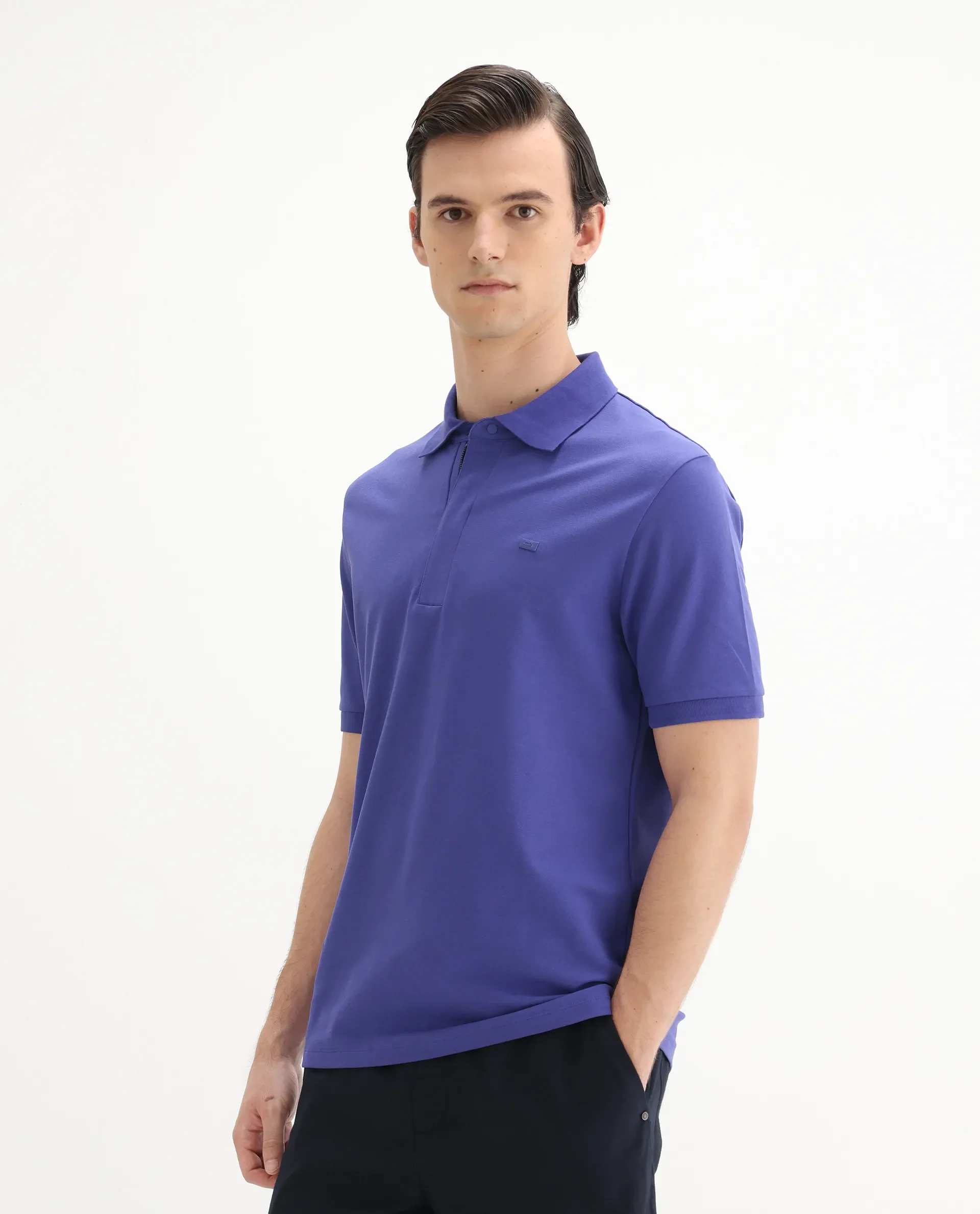 Rare Rabbit Men's Salis-25 Purple Cotton Blend Plain Regular Fit Half Sleeve Polo - Image 4