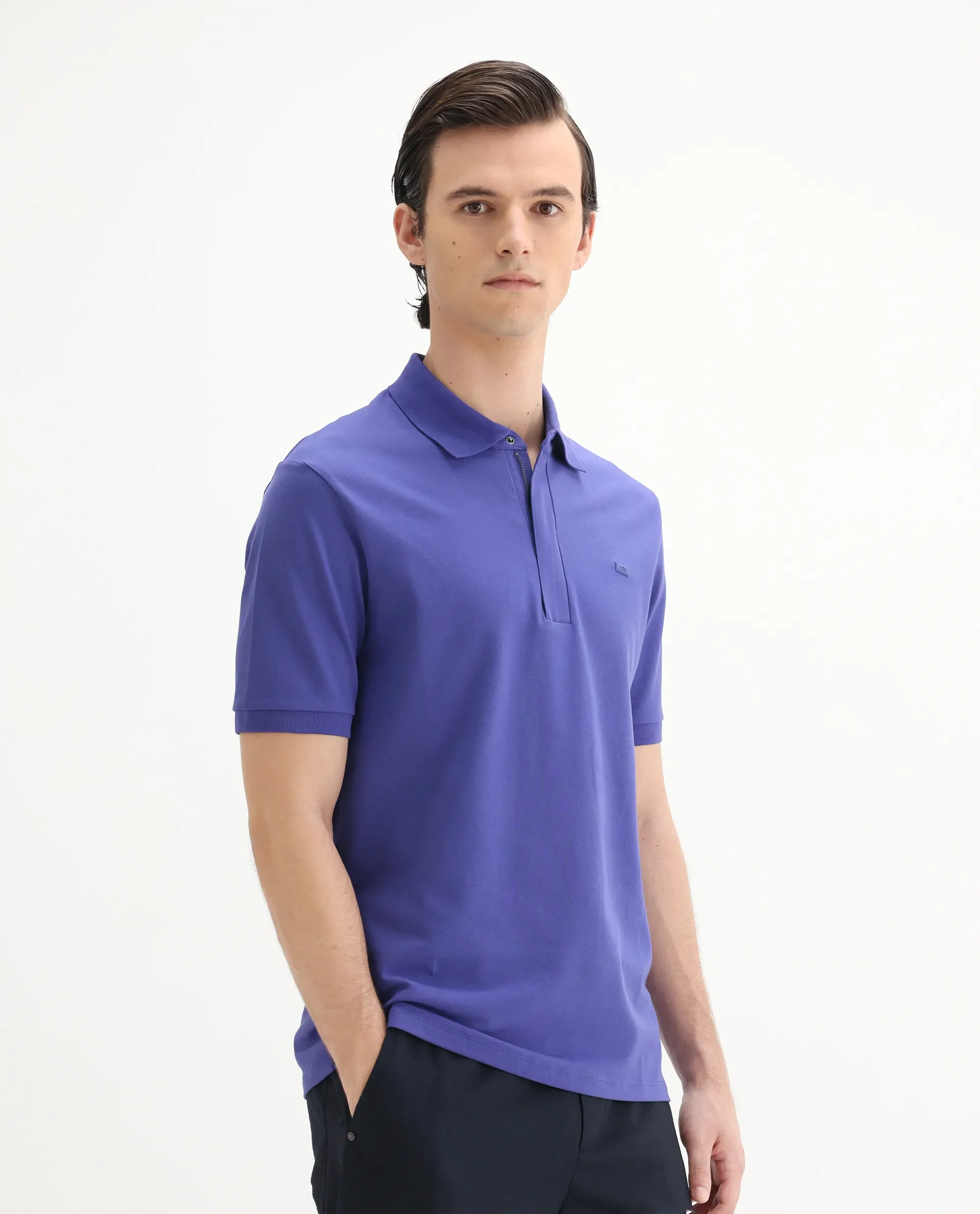 Rare Rabbit Men's Salis-25 Purple Cotton Blend Plain Regular Fit Half Sleeve Polo - Image 5