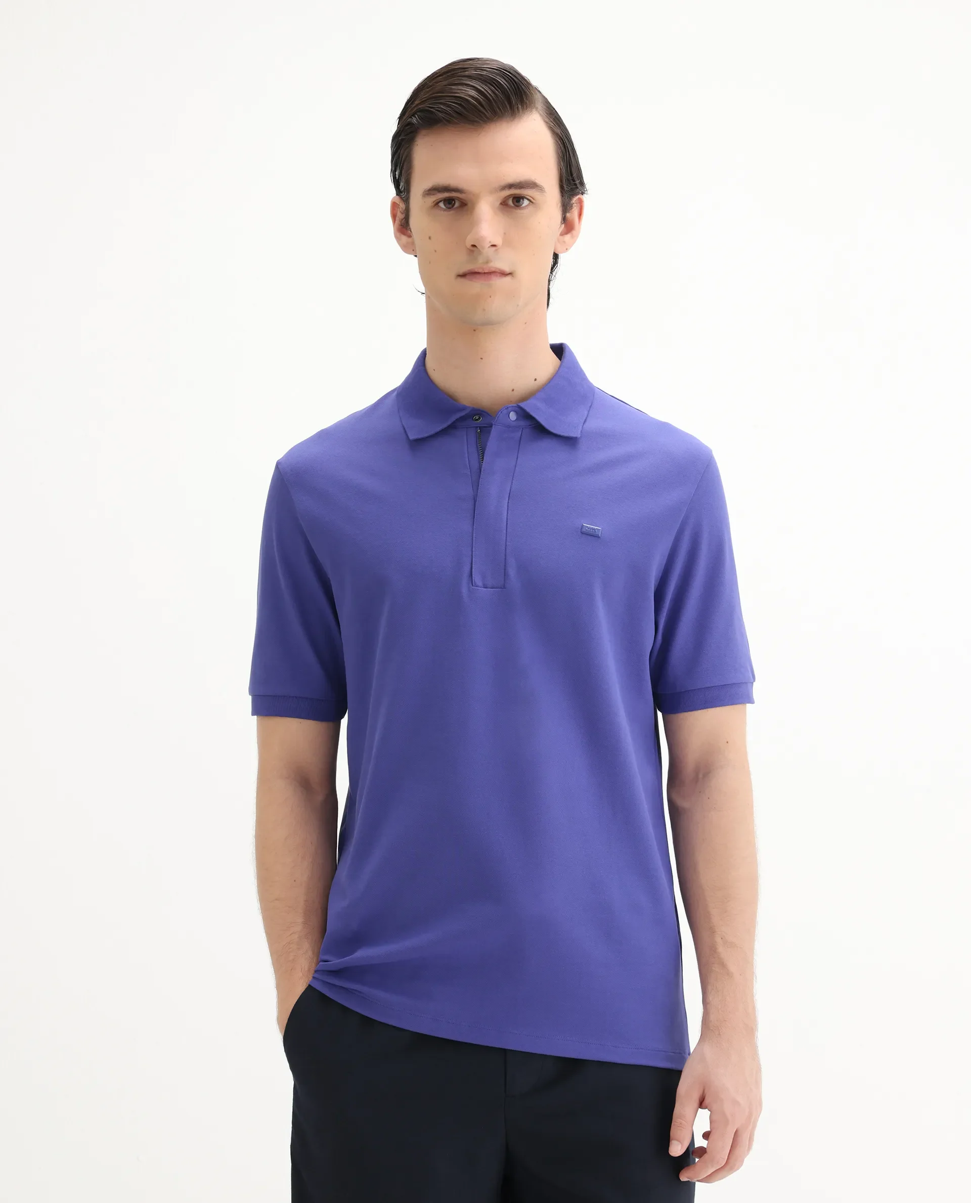 Rare Rabbit Men's Salis-25 Purple Cotton Blend Plain Regular Fit Half Sleeve Polo - Image 7