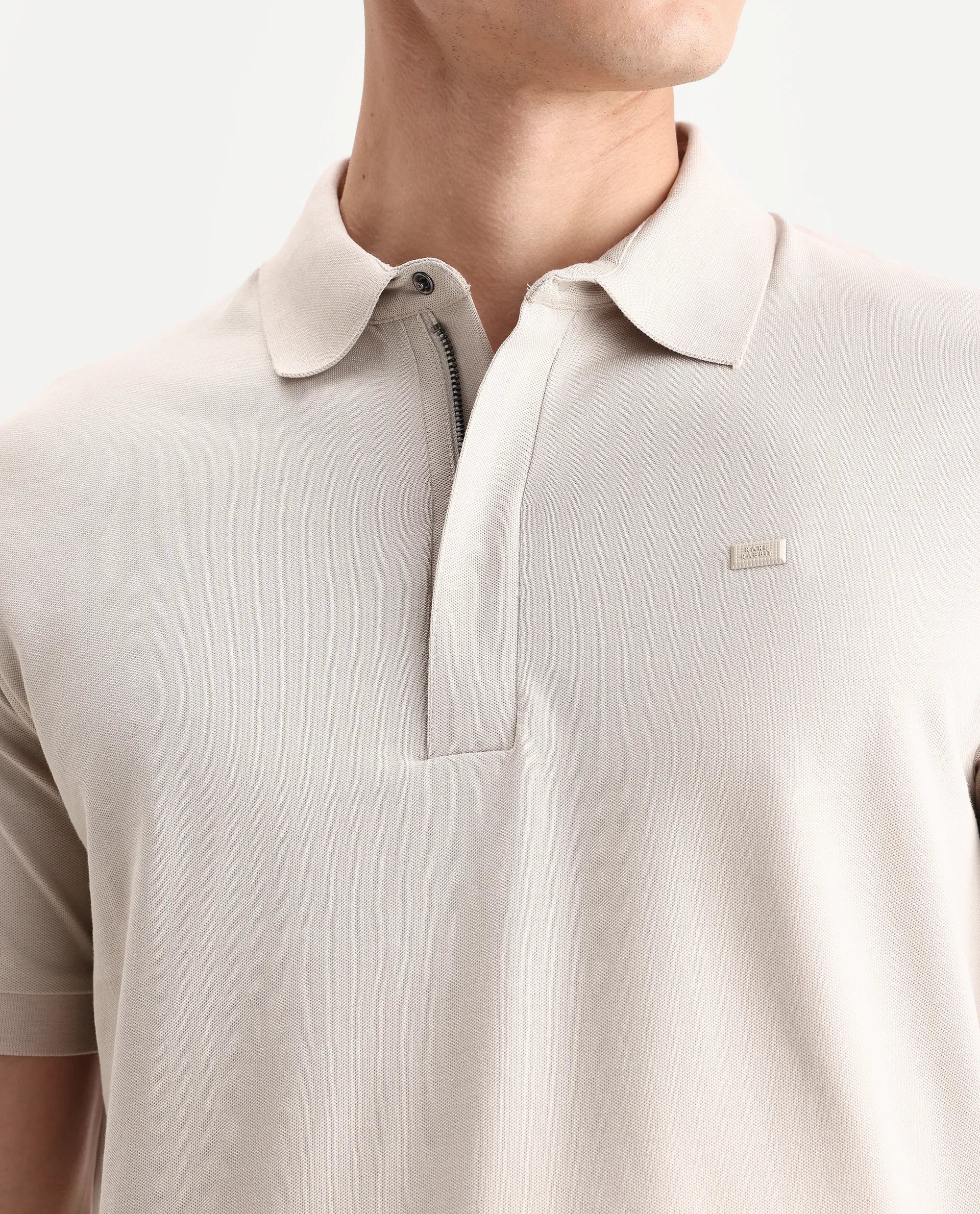 Rare Rabbit Men's Salis-A25 Beige Cotton Blend Plain Regular Fit Half Sleeve Polo - Image 3