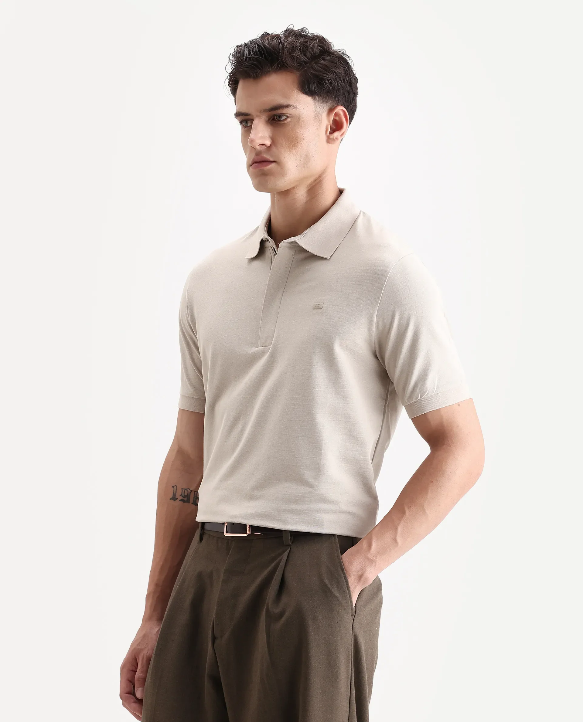 Rare Rabbit Men's Salis-A25 Beige Cotton Blend Plain Regular Fit Half Sleeve Polo - Image 4