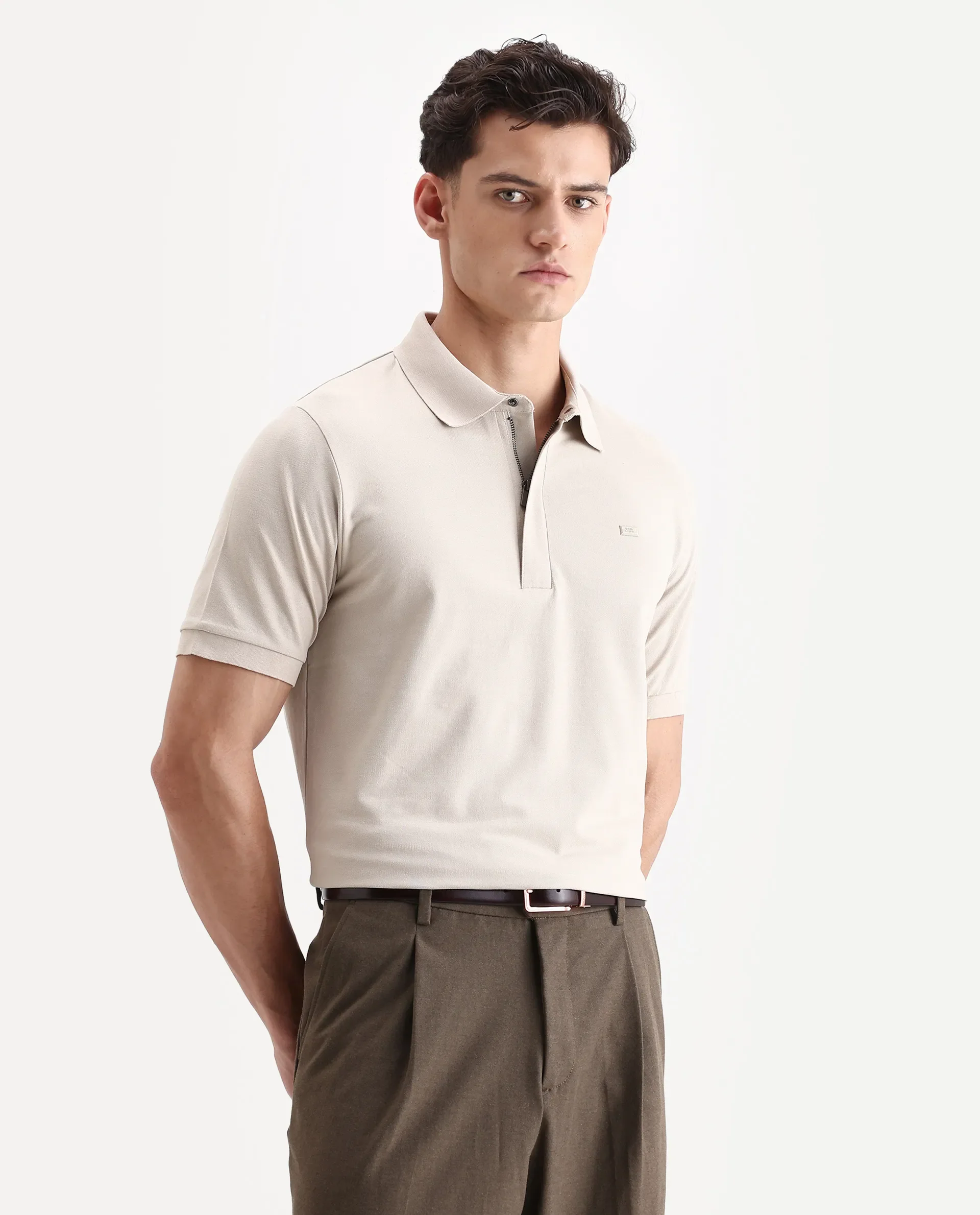 Rare Rabbit Men's Salis-A25 Beige Cotton Blend Plain Regular Fit Half Sleeve Polo - Image 5