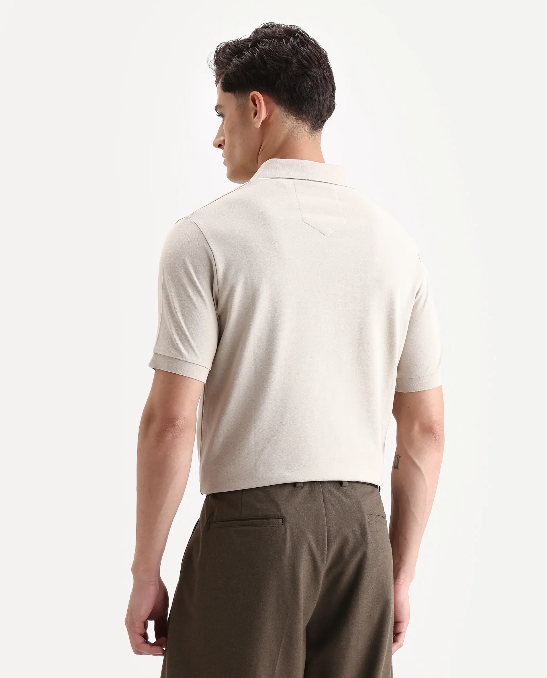 Rare Rabbit Men's Salis-A25 Beige Cotton Blend Plain Regular Fit Half Sleeve Polo - Image 6