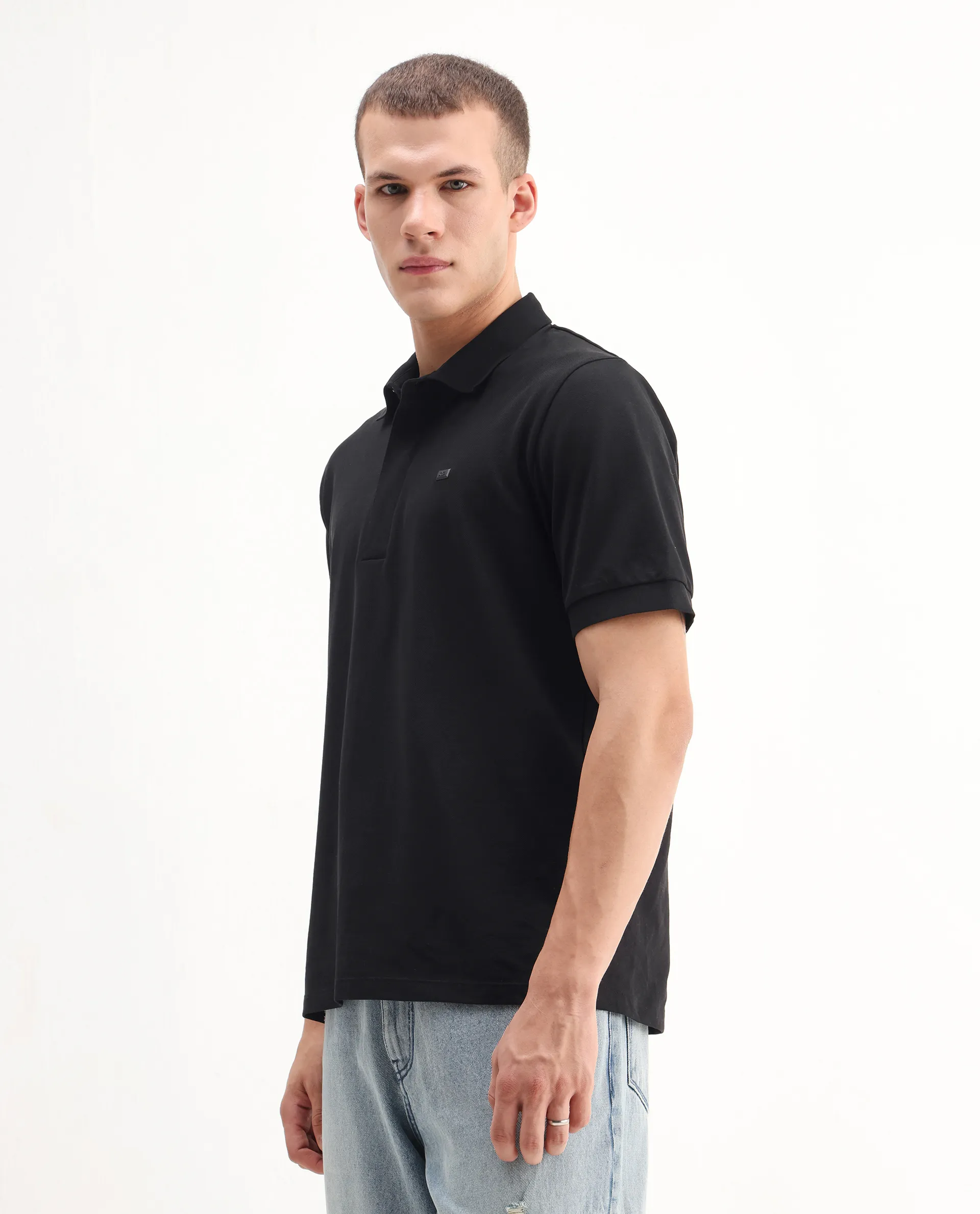 Rare Rabbit Men's Salis-A25 Black Cotton Blend Plain Regular Fit Half Sleeve Polo - Image 4