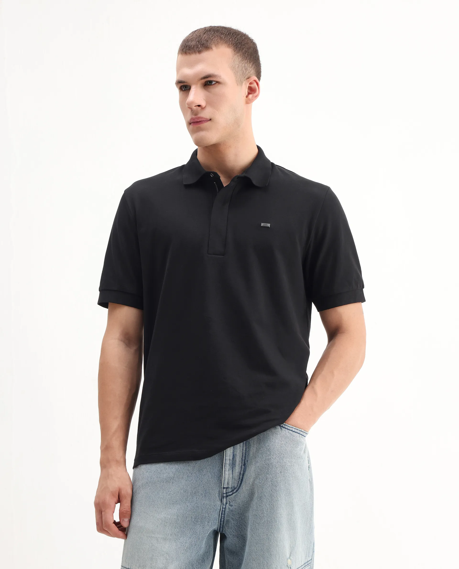 Rare Rabbit Men's Salis-A25 Black Cotton Blend Plain Regular Fit Half Sleeve Polo - Image 5