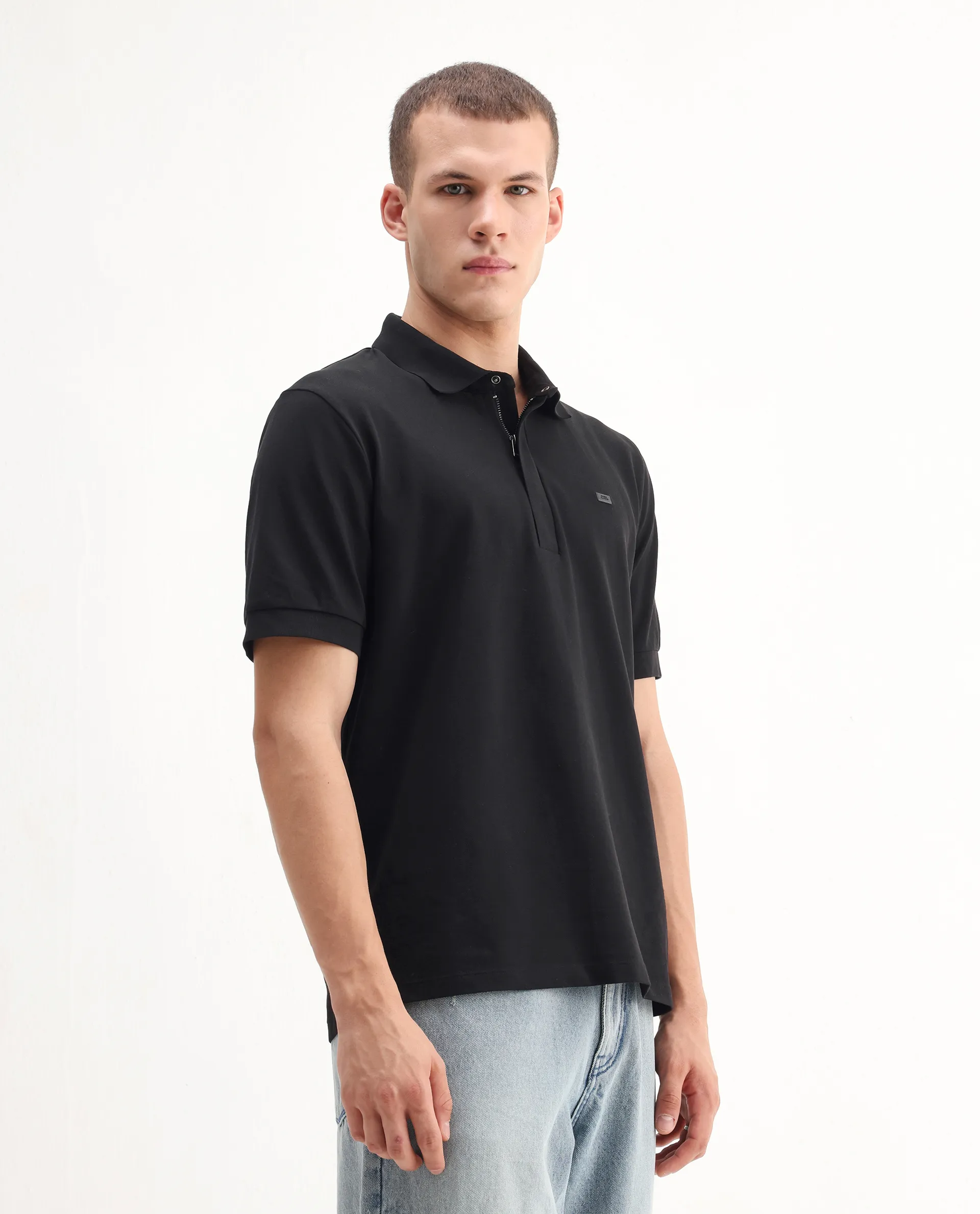 Rare Rabbit Men's Salis-A25 Black Cotton Blend Plain Regular Fit Half Sleeve Polo - Image 6