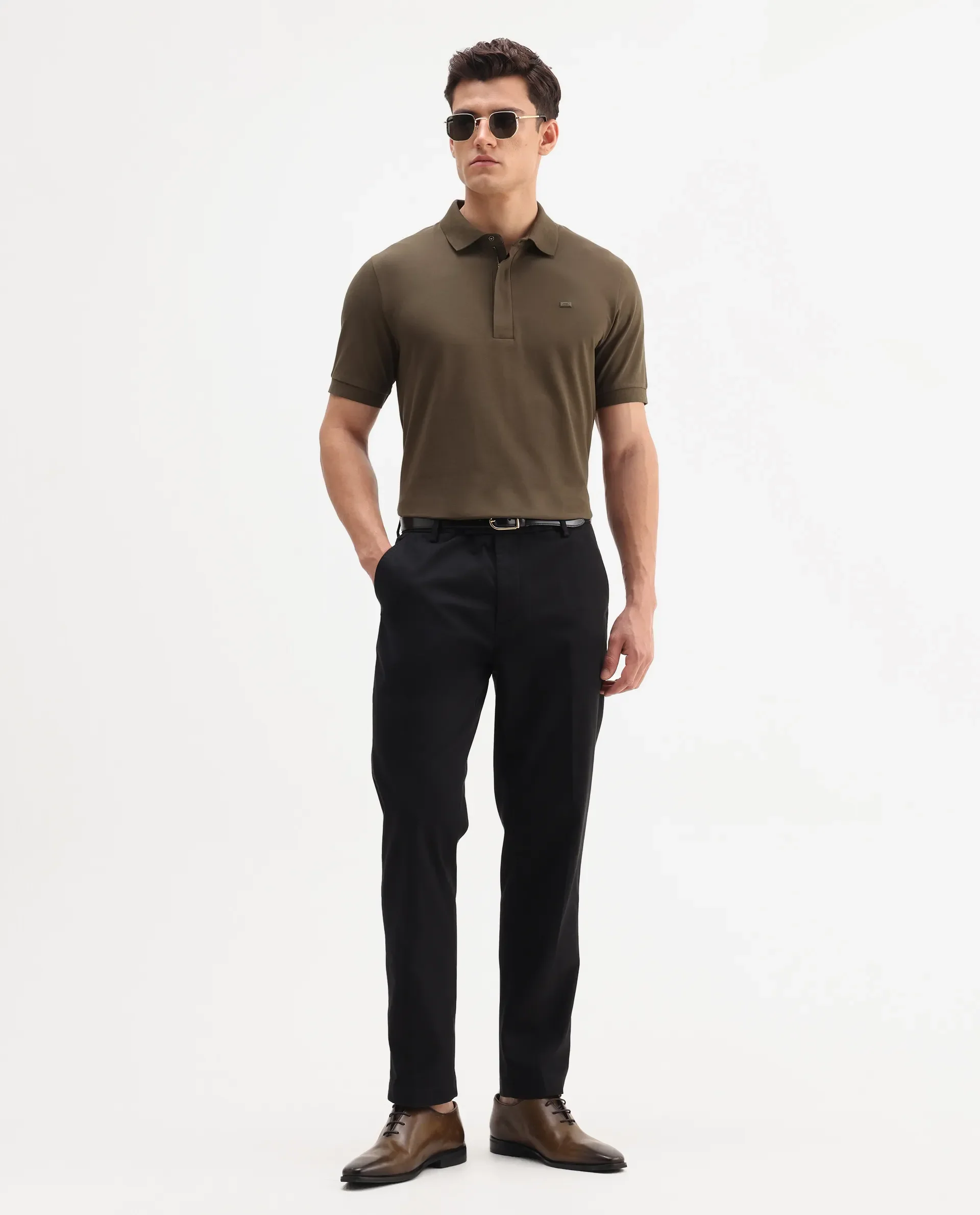 Rare Rabbit Men's Salis-A25 Dark Olive Cotton Blend Plain Regular Fit Half Sleeve Polo - Image 2