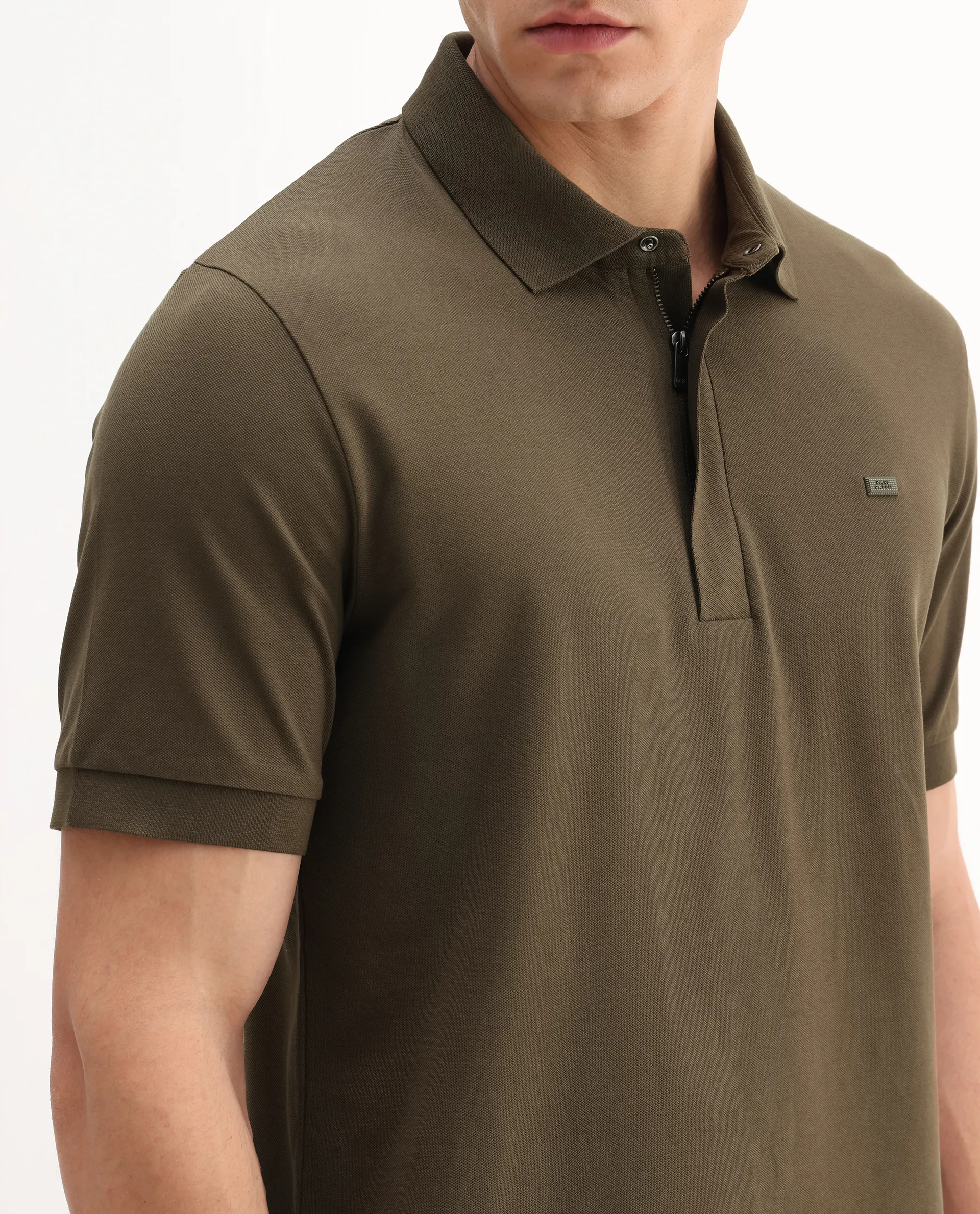 Rare Rabbit Men's Salis-A25 Dark Olive Cotton Blend Plain Regular Fit Half Sleeve Polo - Image 3