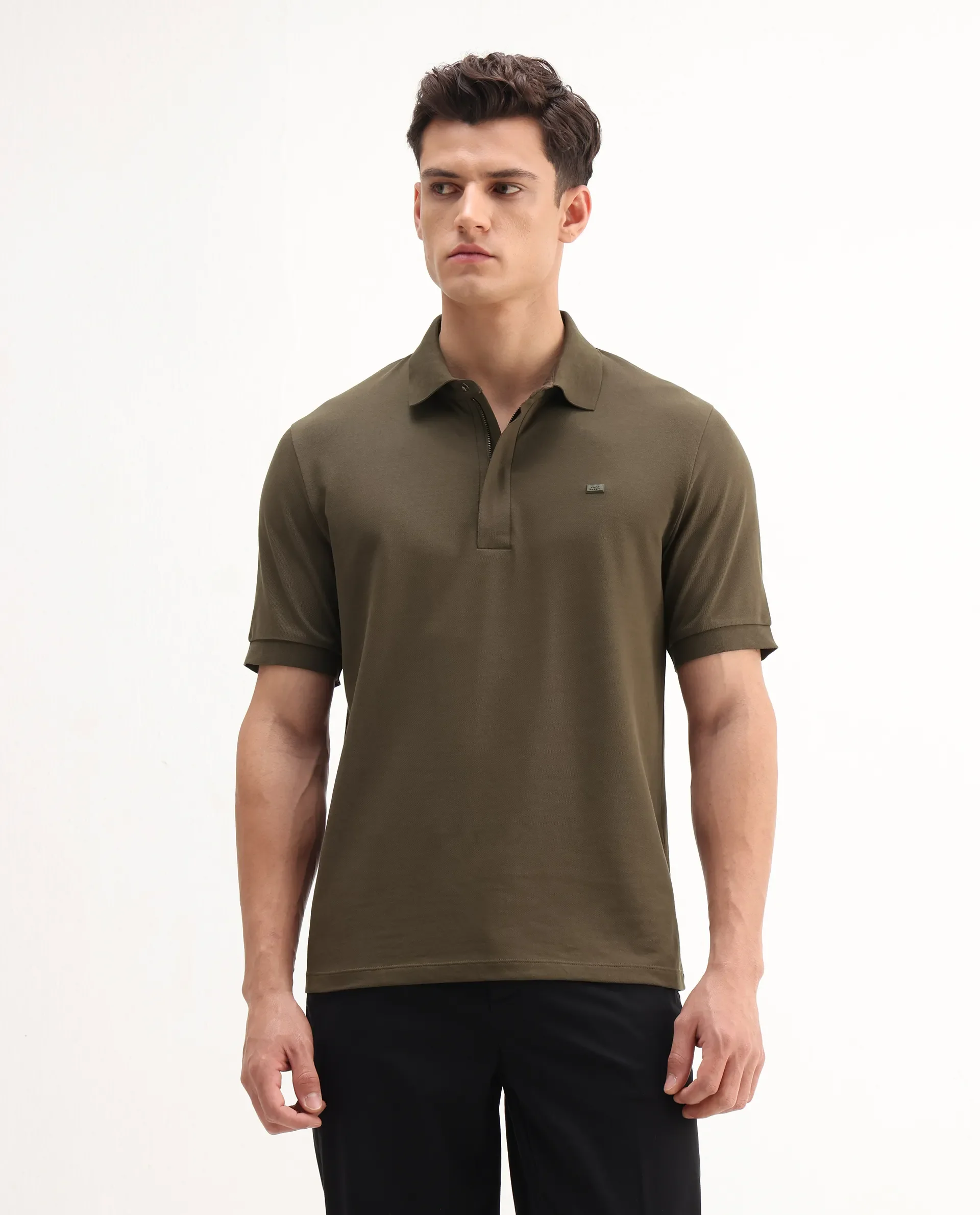 Rare Rabbit Men's Salis-A25 Dark Olive Cotton Blend Plain Regular Fit Half Sleeve Polo - Image 4