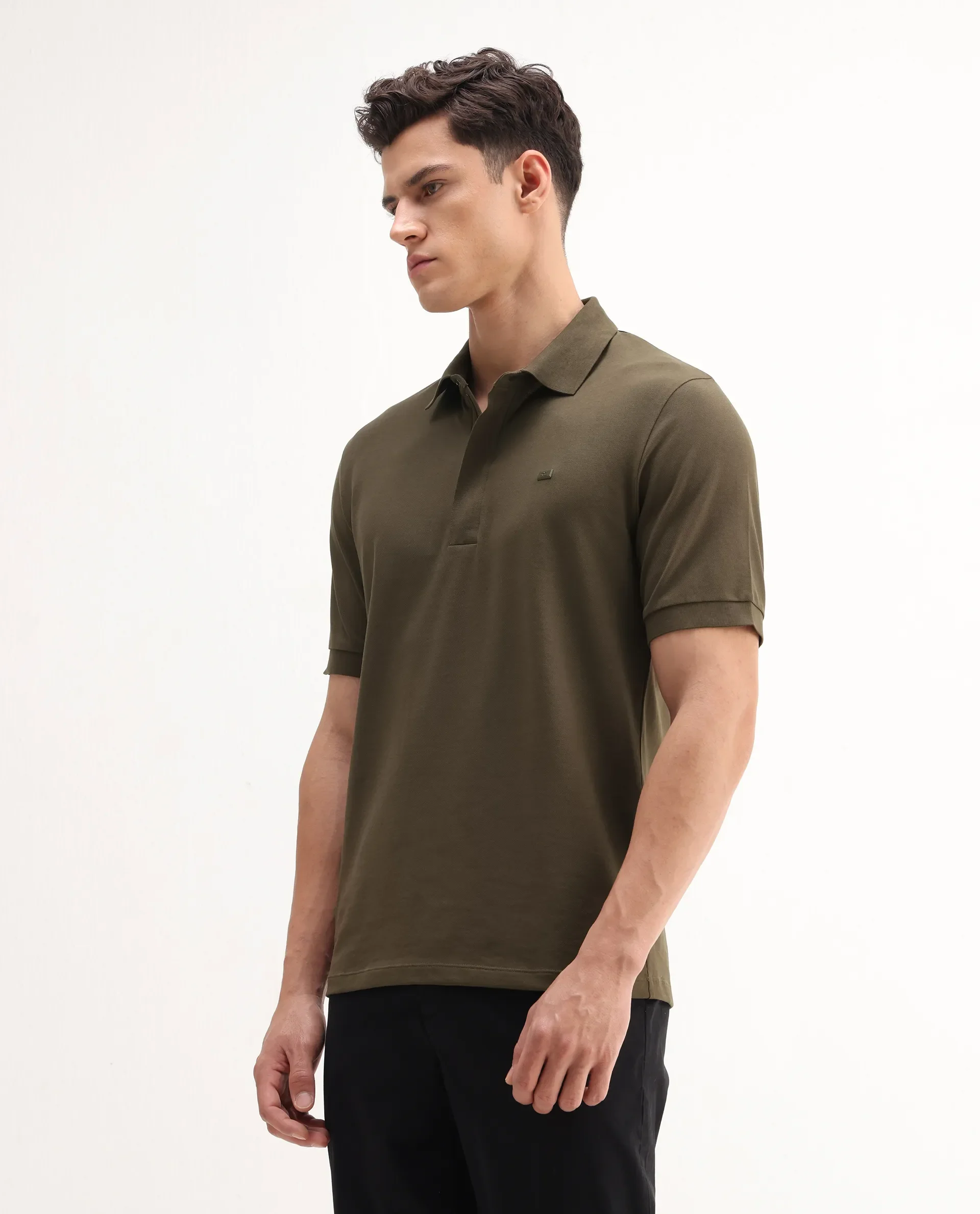 Rare Rabbit Men's Salis-A25 Dark Olive Cotton Blend Plain Regular Fit Half Sleeve Polo - Image 5