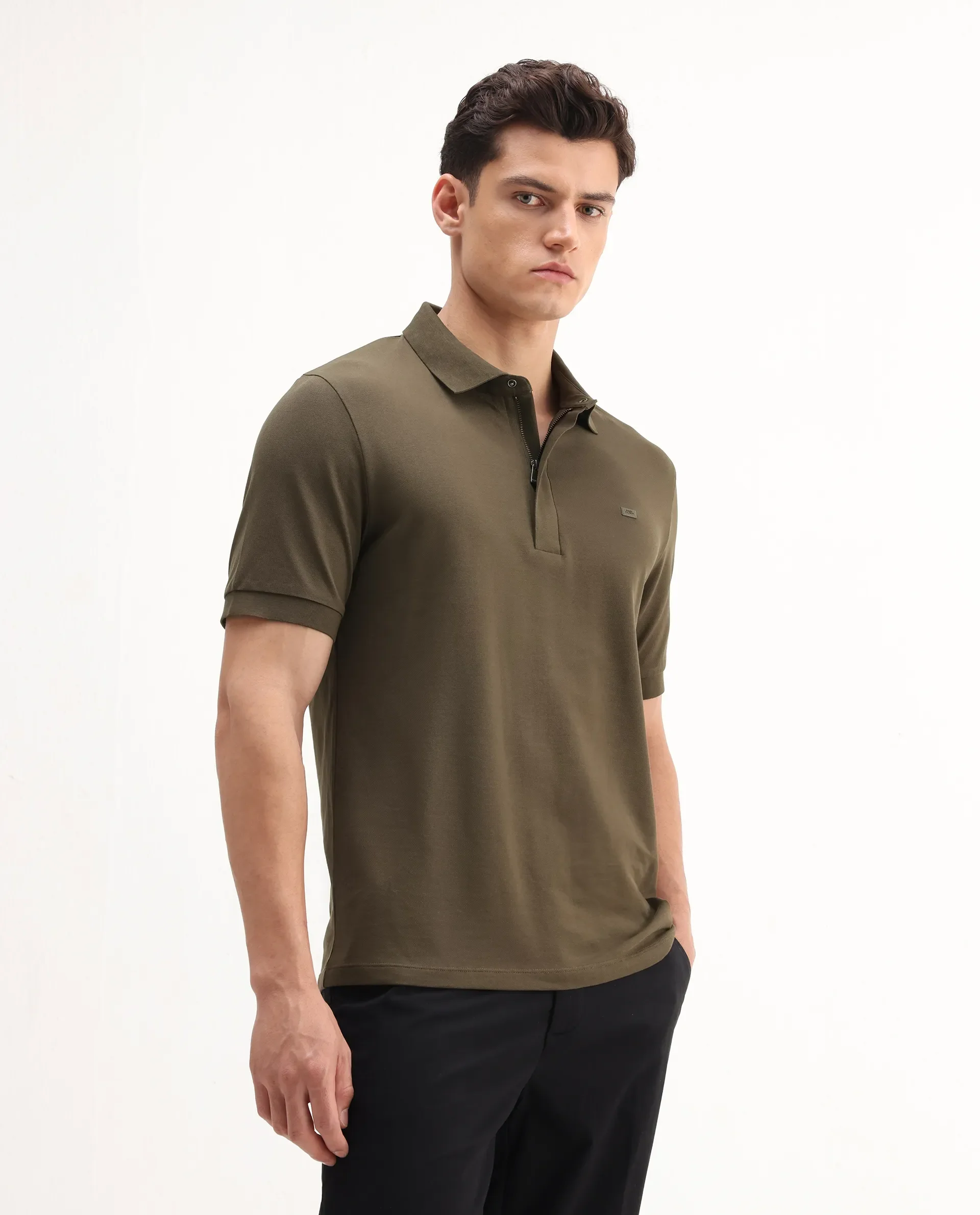 Rare Rabbit Men's Salis-A25 Dark Olive Cotton Blend Plain Regular Fit Half Sleeve Polo - Image 6