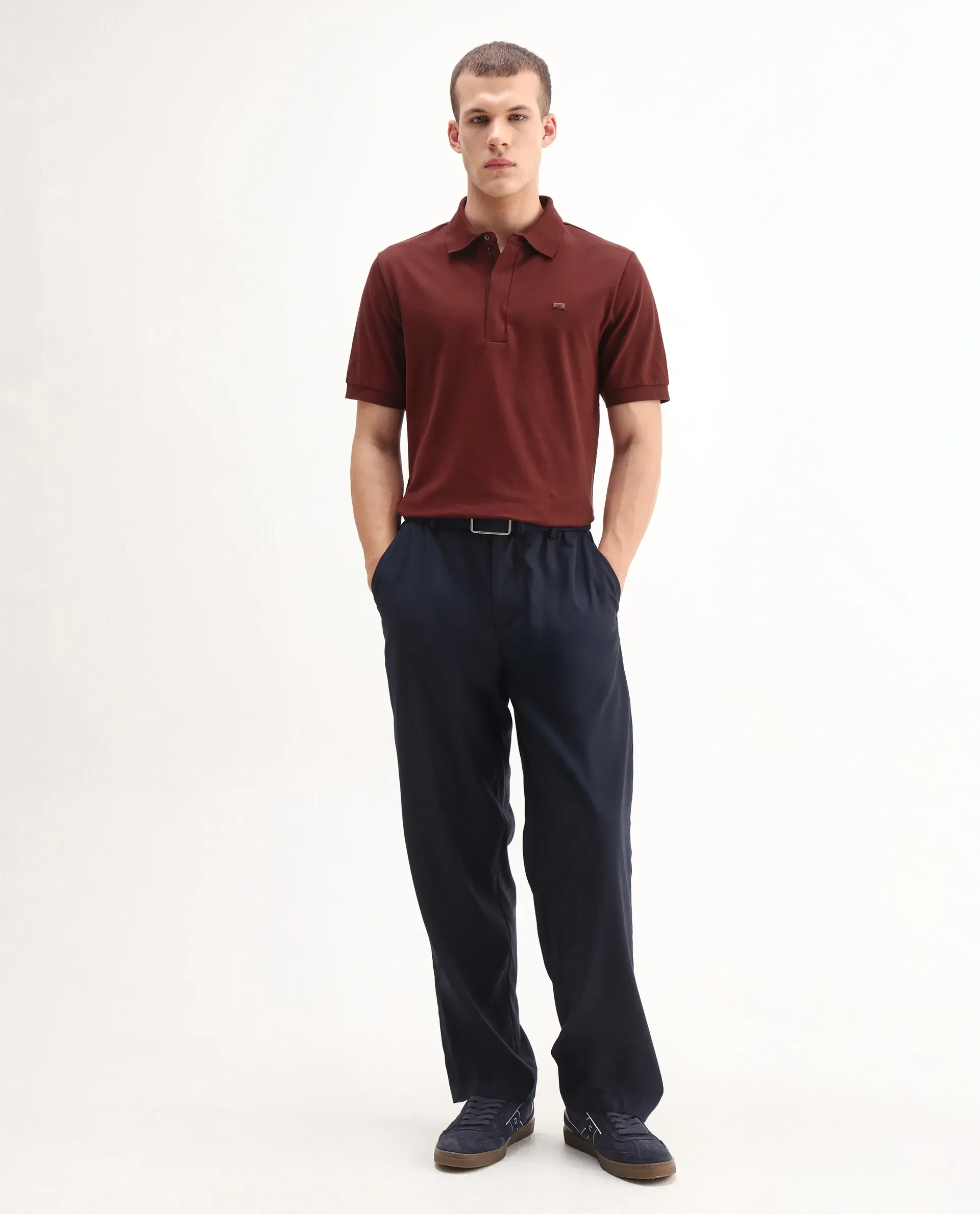 Rare Rabbit Men's Salis-A25 Dark Rust Cotton Blend Fabric Half Sleeve Spread Collar Plain Polo - Image 2
