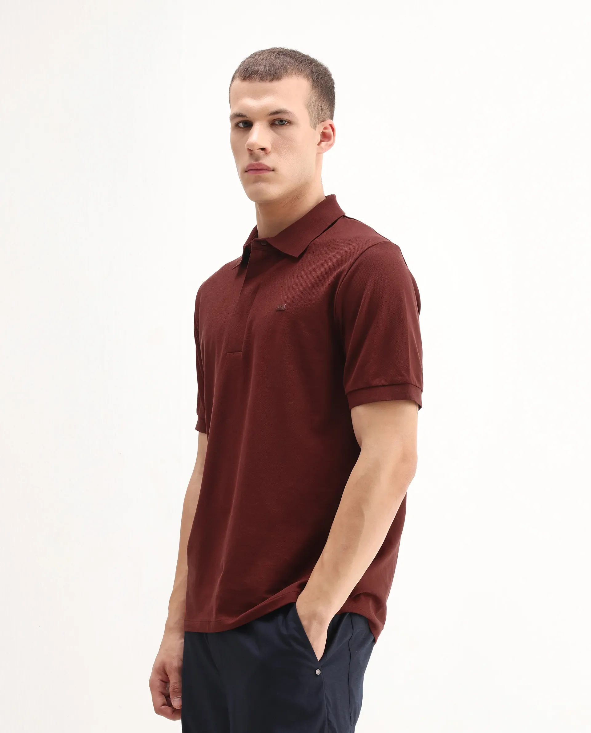 Rare Rabbit Men's Salis-A25 Dark Rust Cotton Blend Fabric Half Sleeve Spread Collar Plain Polo - Image 4