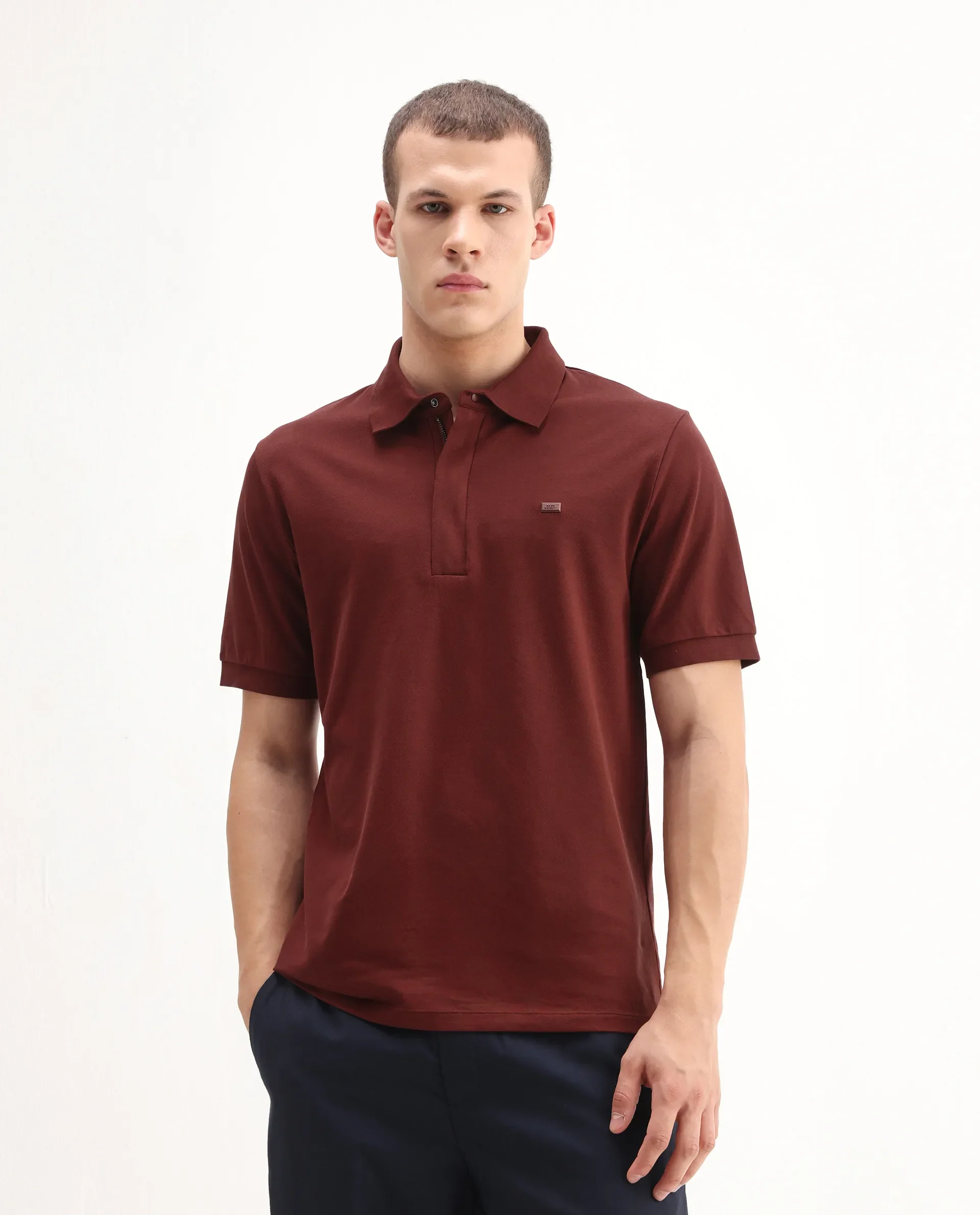 Rare Rabbit Men's Salis-A25 Dark Rust Cotton Blend Fabric Half Sleeve Spread Collar Plain Polo - Image 5