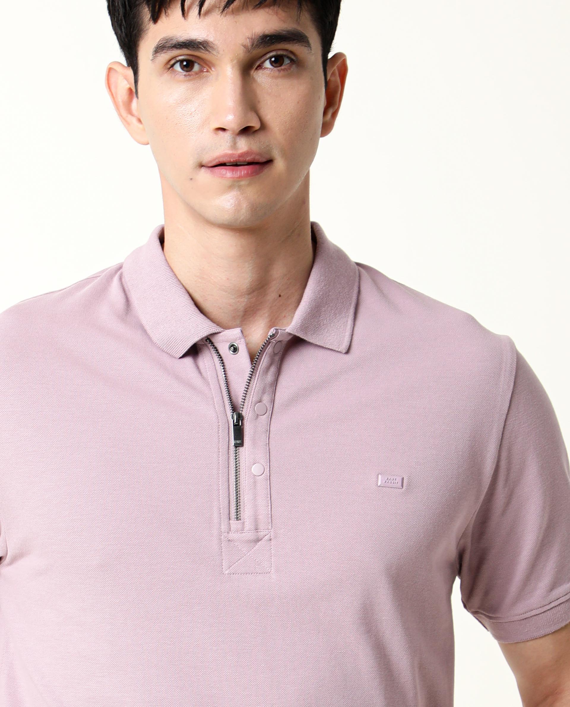 Rare Rabbit Men's Salis Pink Cotton Plain Slim Fit Half Sleeve Polo