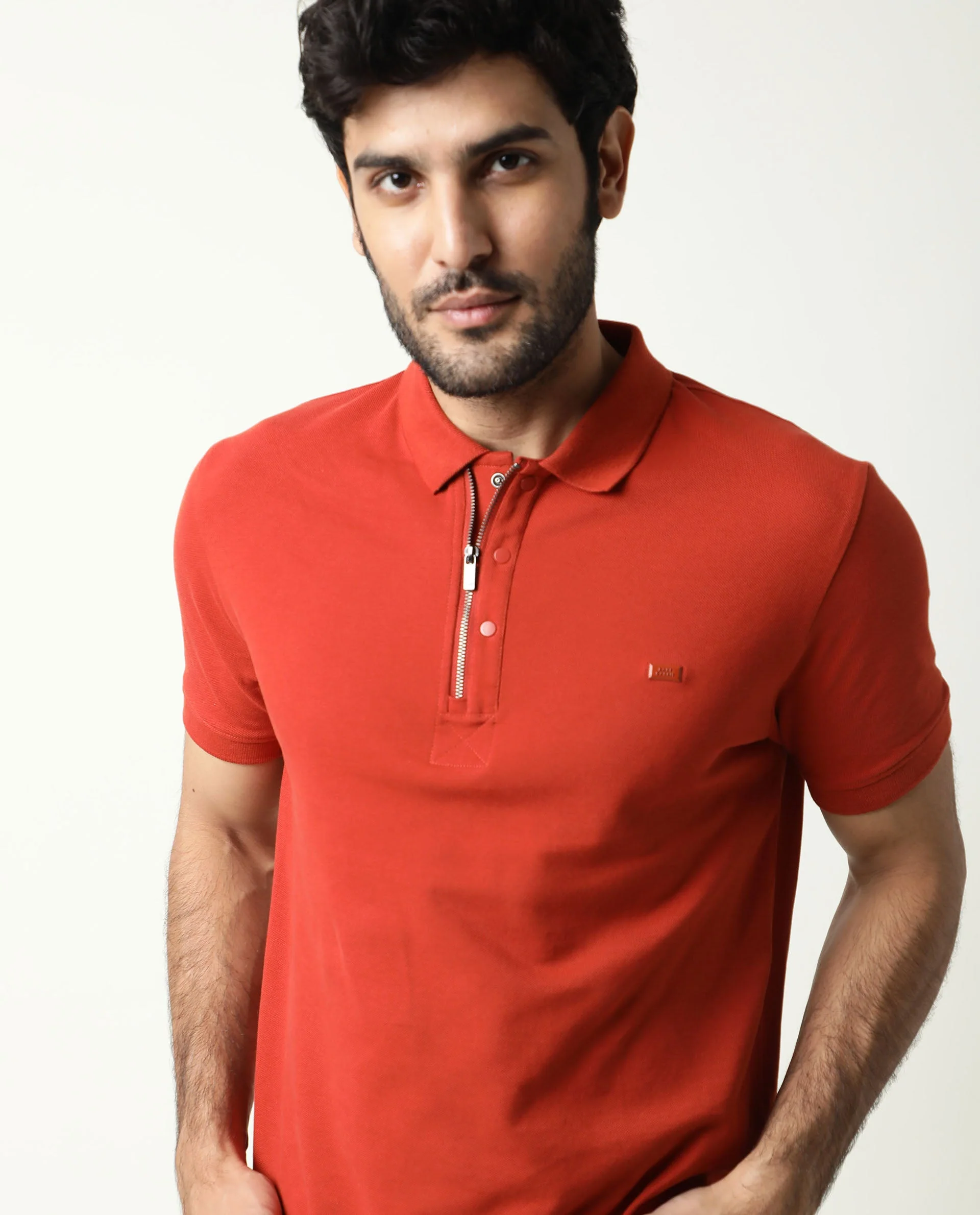 Rare Rabbit Men's Salis Rust Plain Regular Fit Half Sleeve Polo