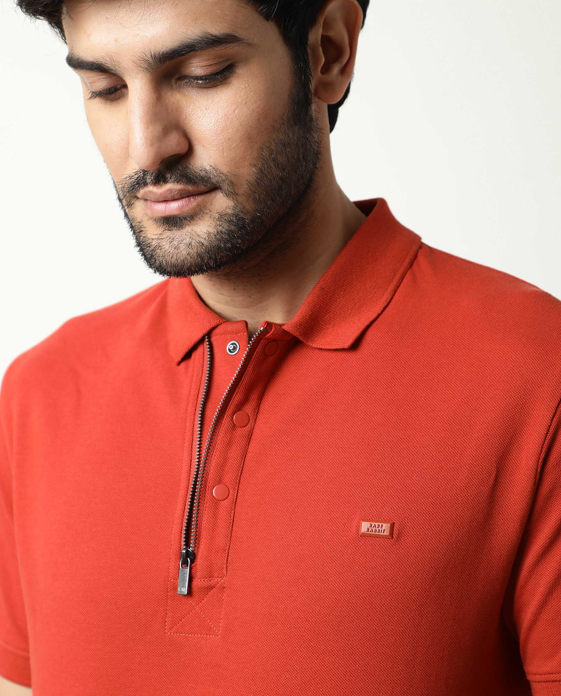 Rare Rabbit Men's Salis Rust Plain Regular Fit Half Sleeve Polo - Image 12