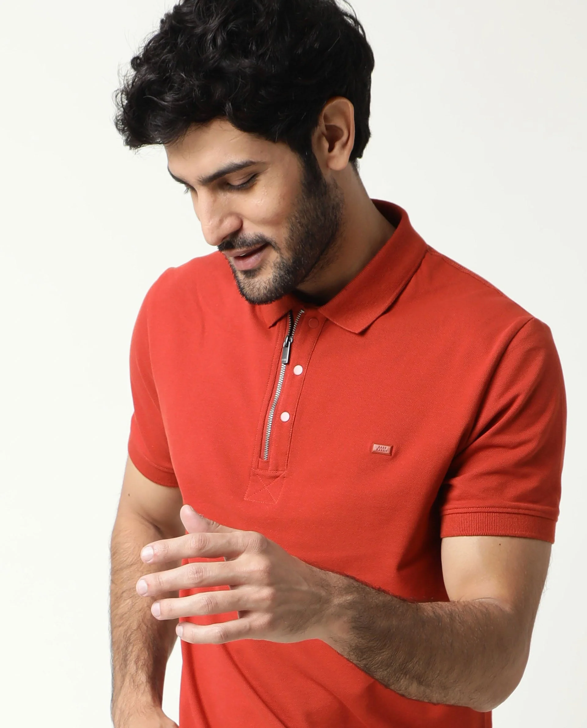 Rare Rabbit Men's Salis Rust Plain Regular Fit Half Sleeve Polo - Image 2