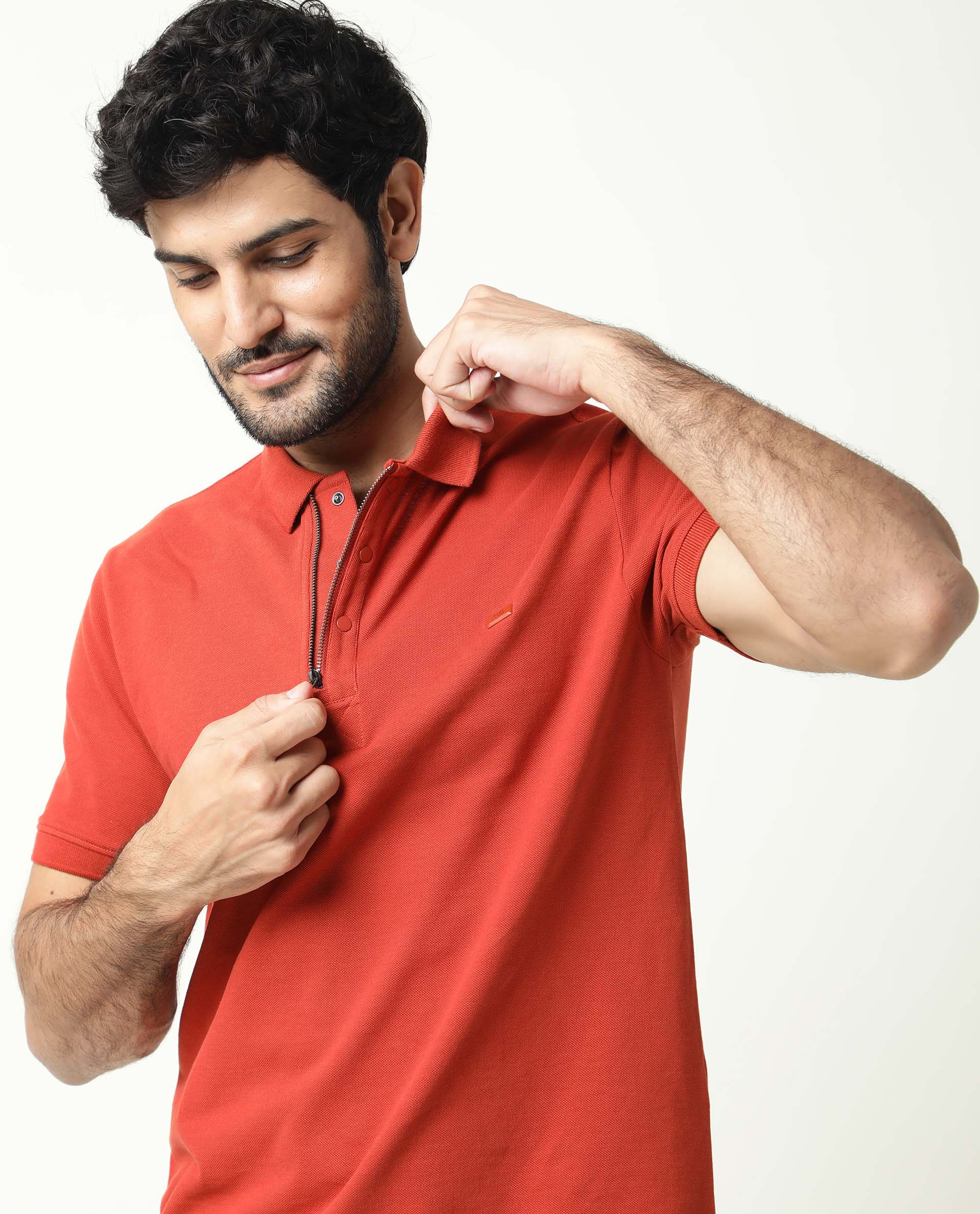 Rare Rabbit Men's Salis Rust Plain Regular Fit Half Sleeve Polo - Image 3