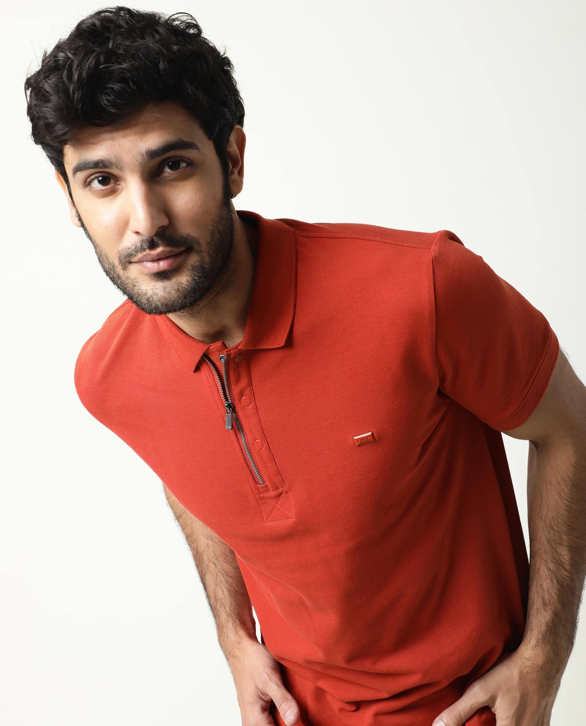 Rare Rabbit Men's Salis Rust Plain Regular Fit Half Sleeve Polo - Image 4
