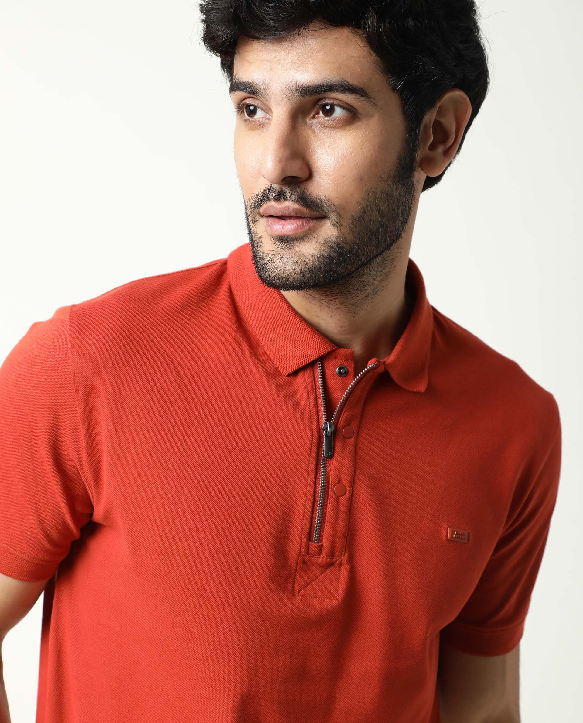 Rare Rabbit Men's Salis Rust Plain Regular Fit Half Sleeve Polo - Image 6