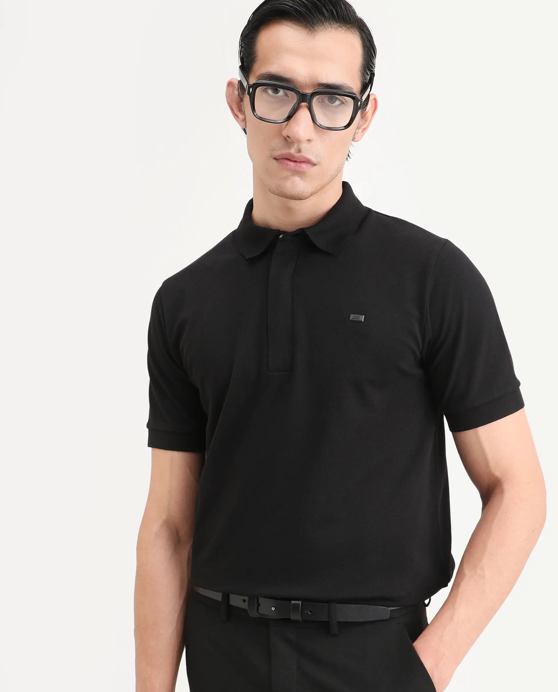 Rare Rabbit Men's Salis-S26 Black Cotton Blend Fabric Half Sleeve Spread Collar Regular Fit Plain Polo