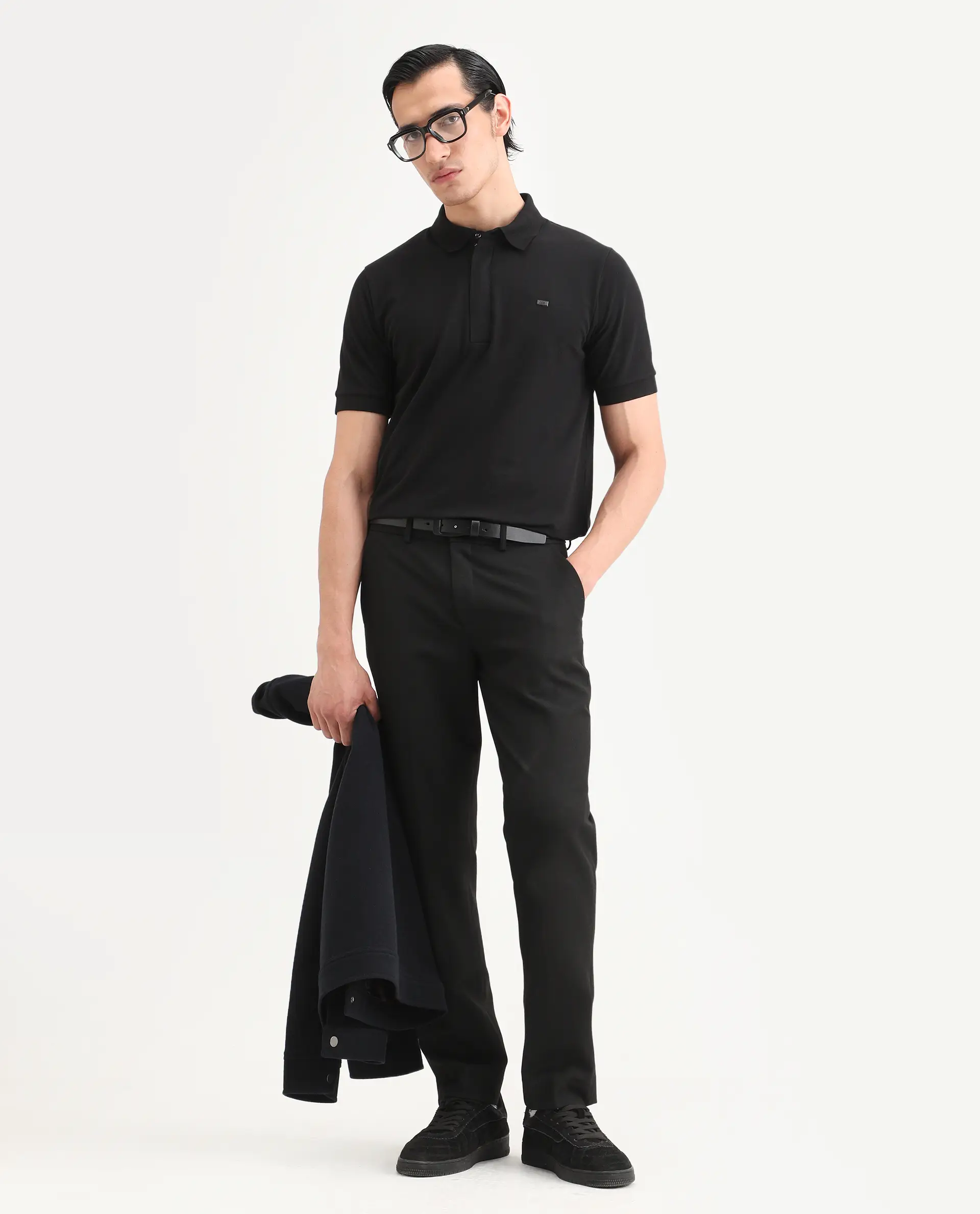 Rare Rabbit Men's Salis-S26 Black Cotton Blend Fabric Half Sleeve Spread Collar Regular Fit Plain Polo - Image 2