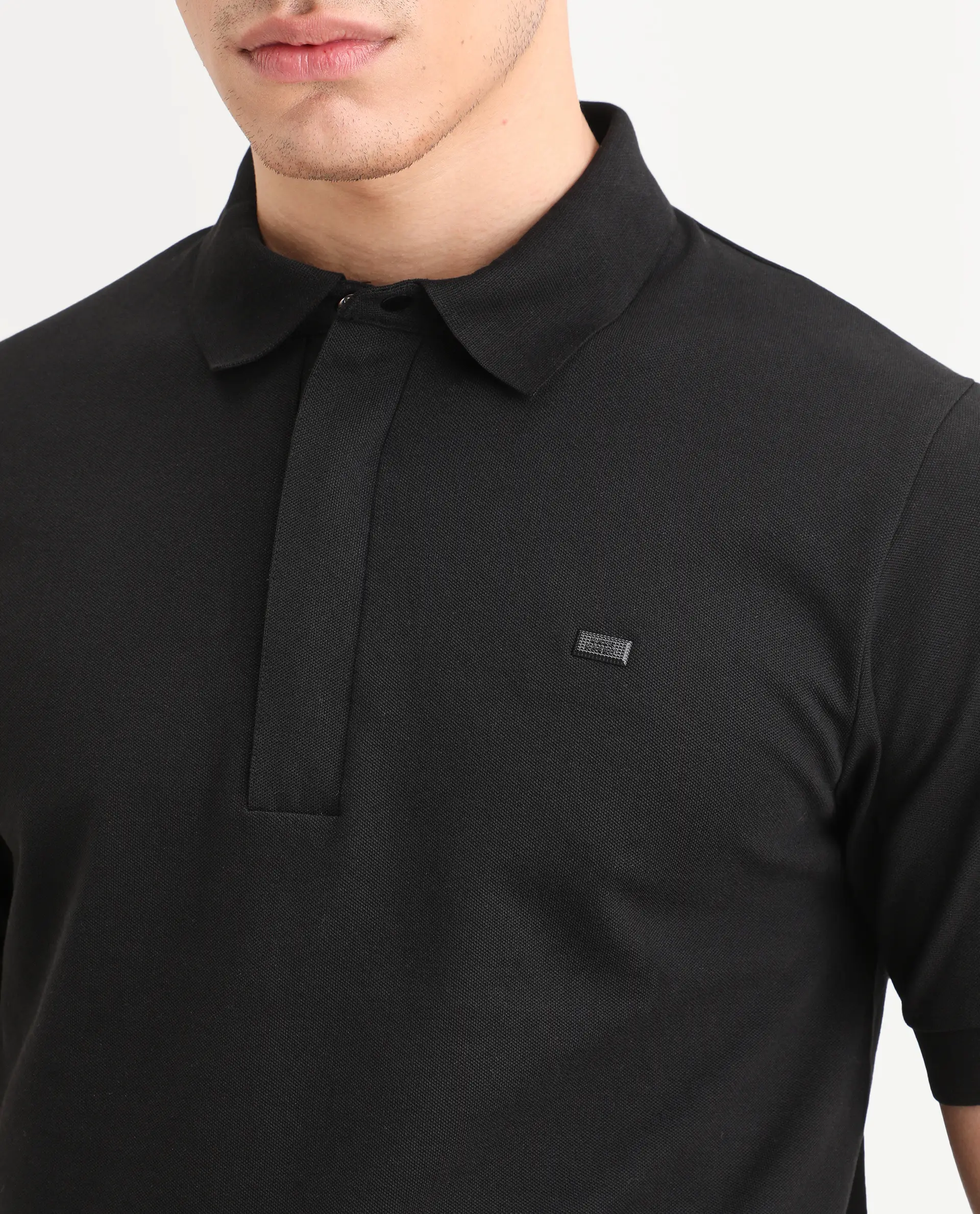 Rare Rabbit Men's Salis-S26 Black Cotton Blend Fabric Half Sleeve Spread Collar Regular Fit Plain Polo - Image 3
