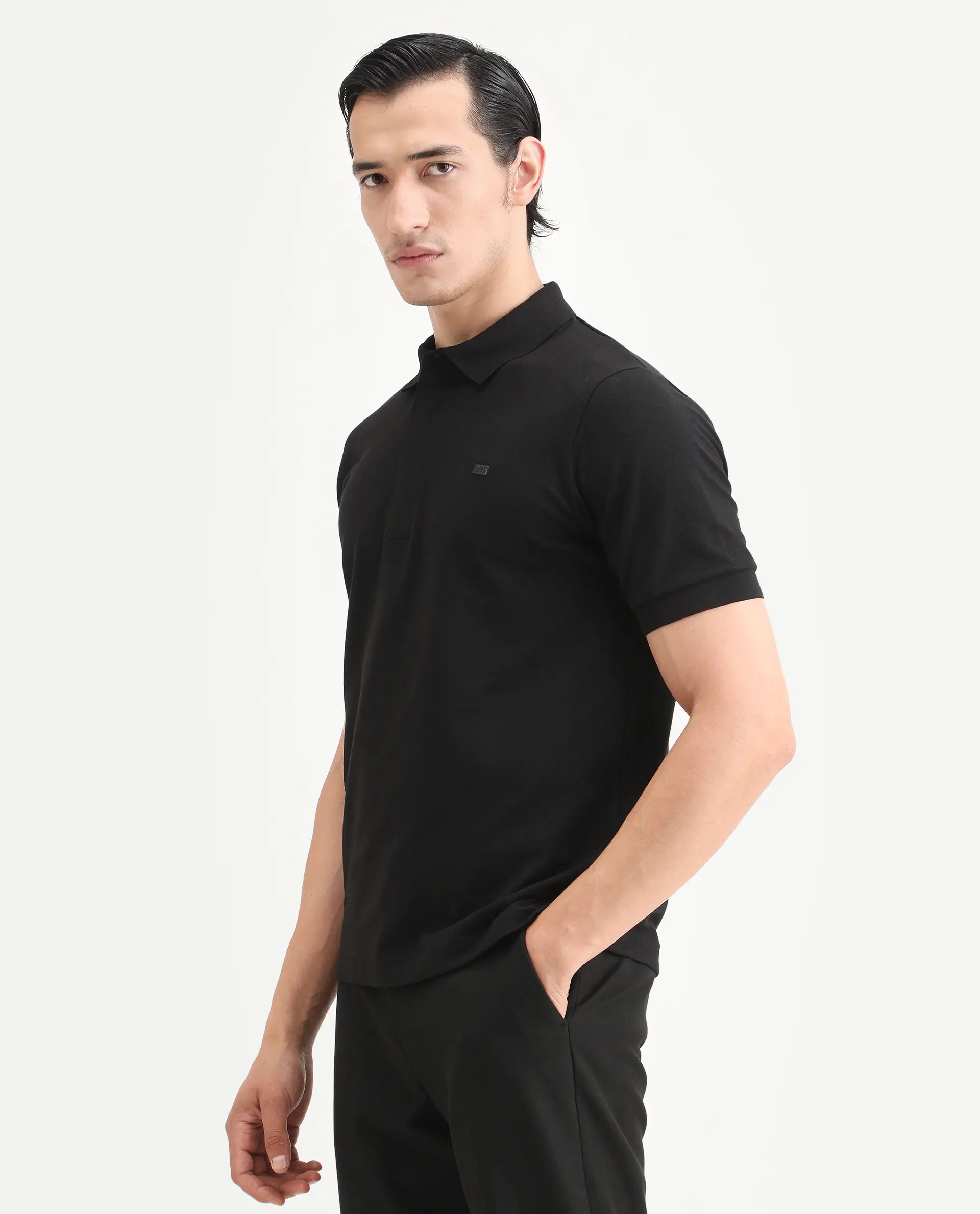 Rare Rabbit Men's Salis-S26 Black Cotton Blend Fabric Half Sleeve Spread Collar Regular Fit Plain Polo - Image 4