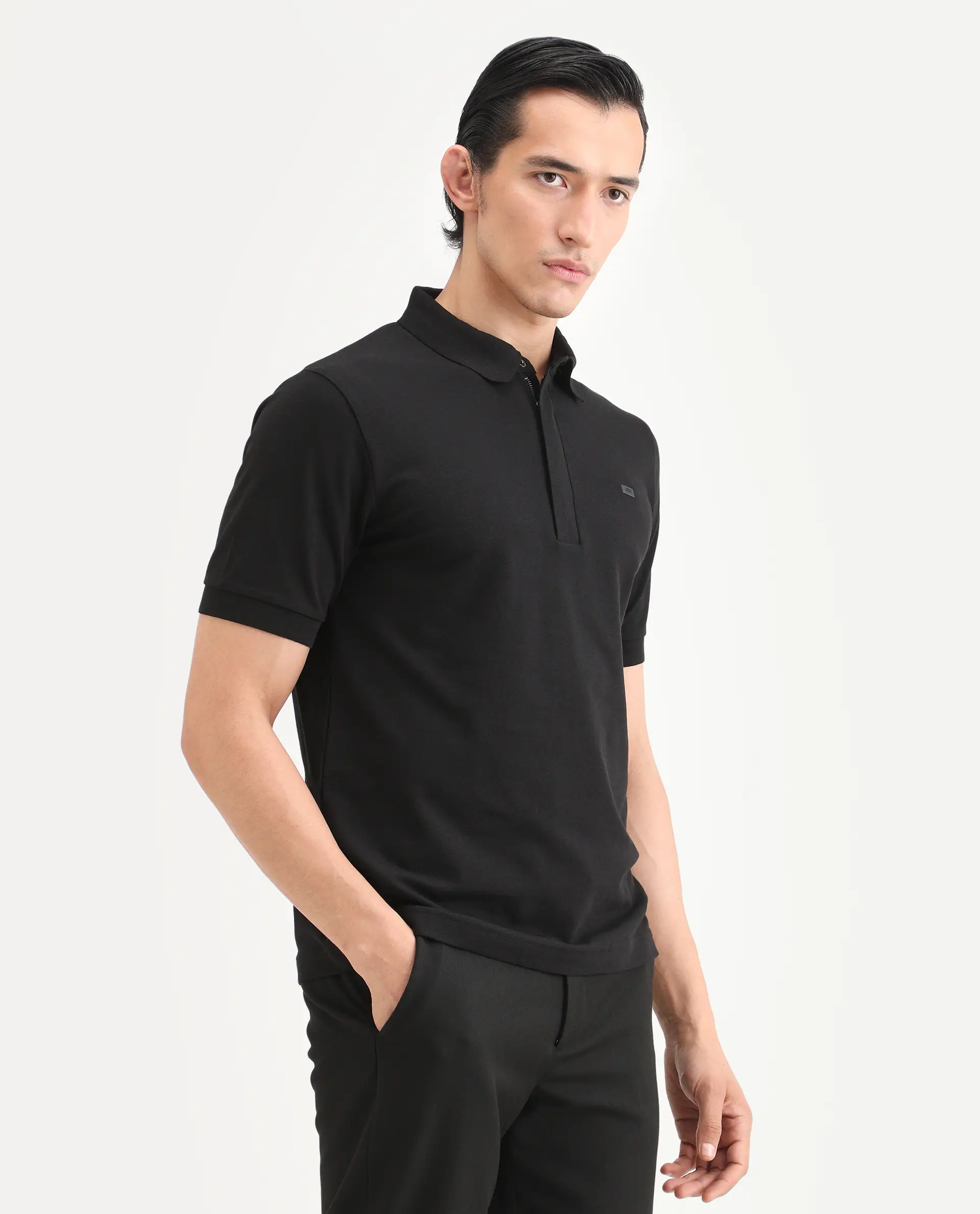 Rare Rabbit Men's Salis-S26 Black Cotton Blend Fabric Half Sleeve Spread Collar Regular Fit Plain Polo - Image 5