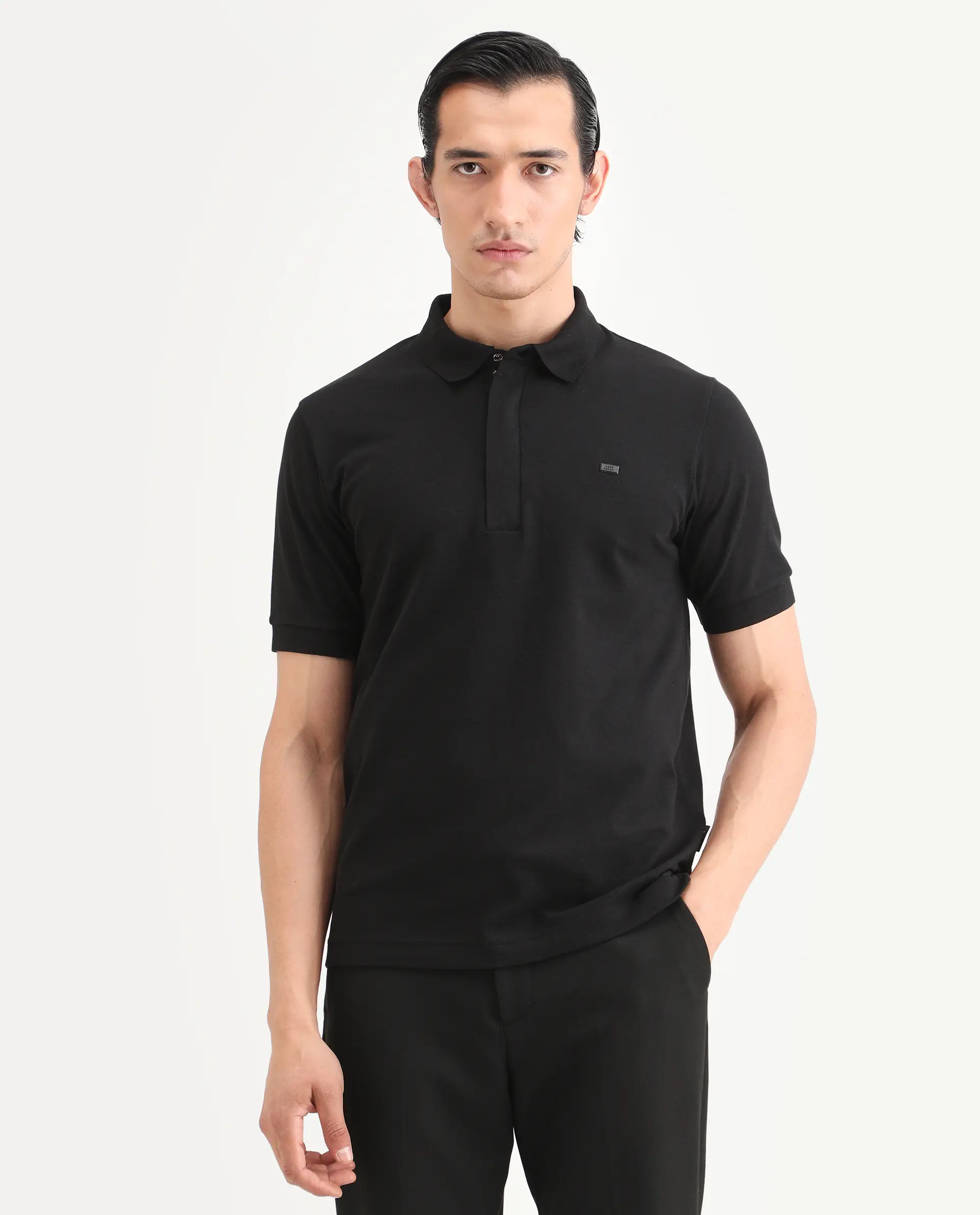 Rare Rabbit Men's Salis-S26 Black Cotton Blend Fabric Half Sleeve Spread Collar Regular Fit Plain Polo - Image 7