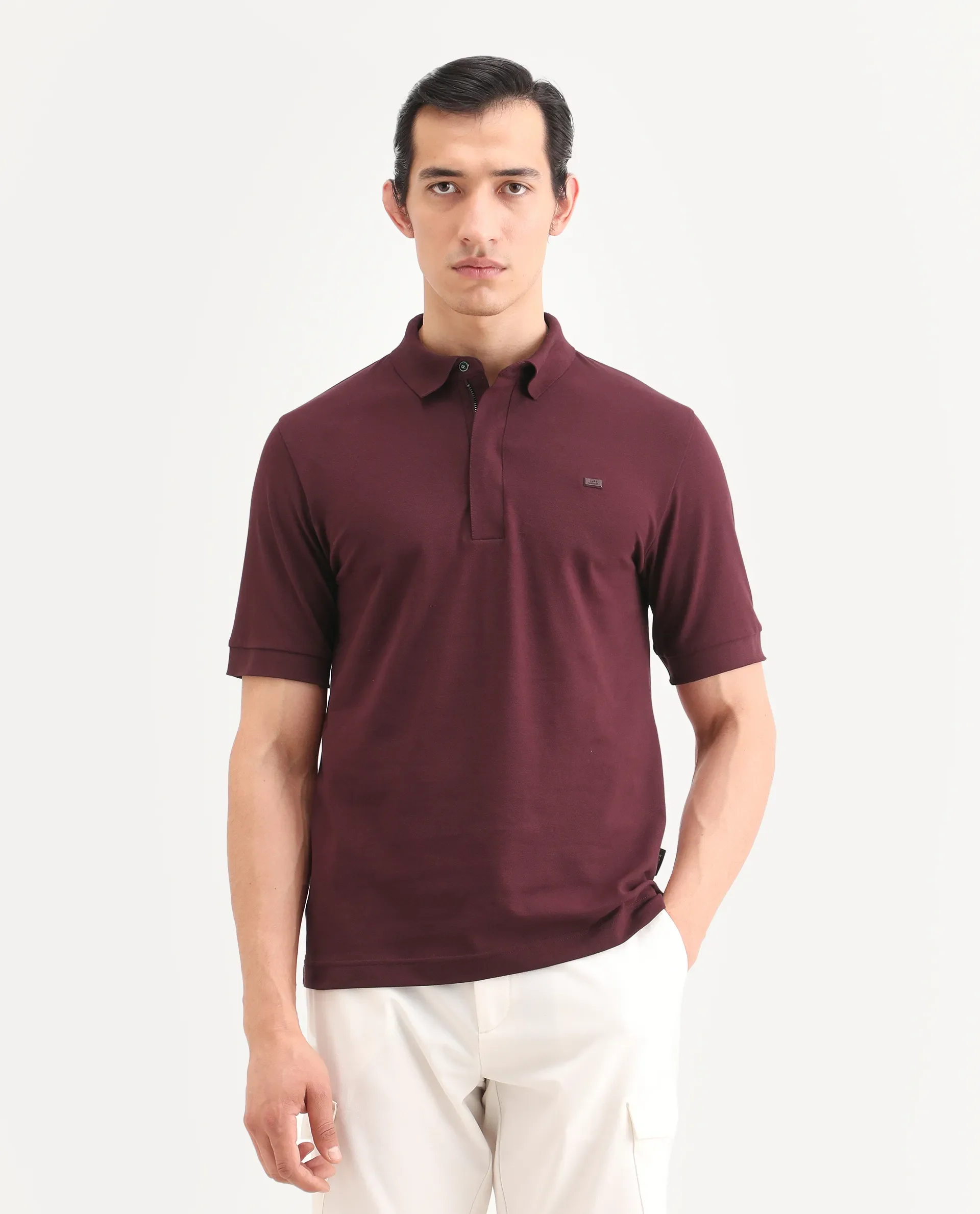 Rare Rabbit Men's Salis-S26 Dark Red Cotton Blend Fabric Half Sleeve Spread Collar Regular Fit Plain Polo - Image 3