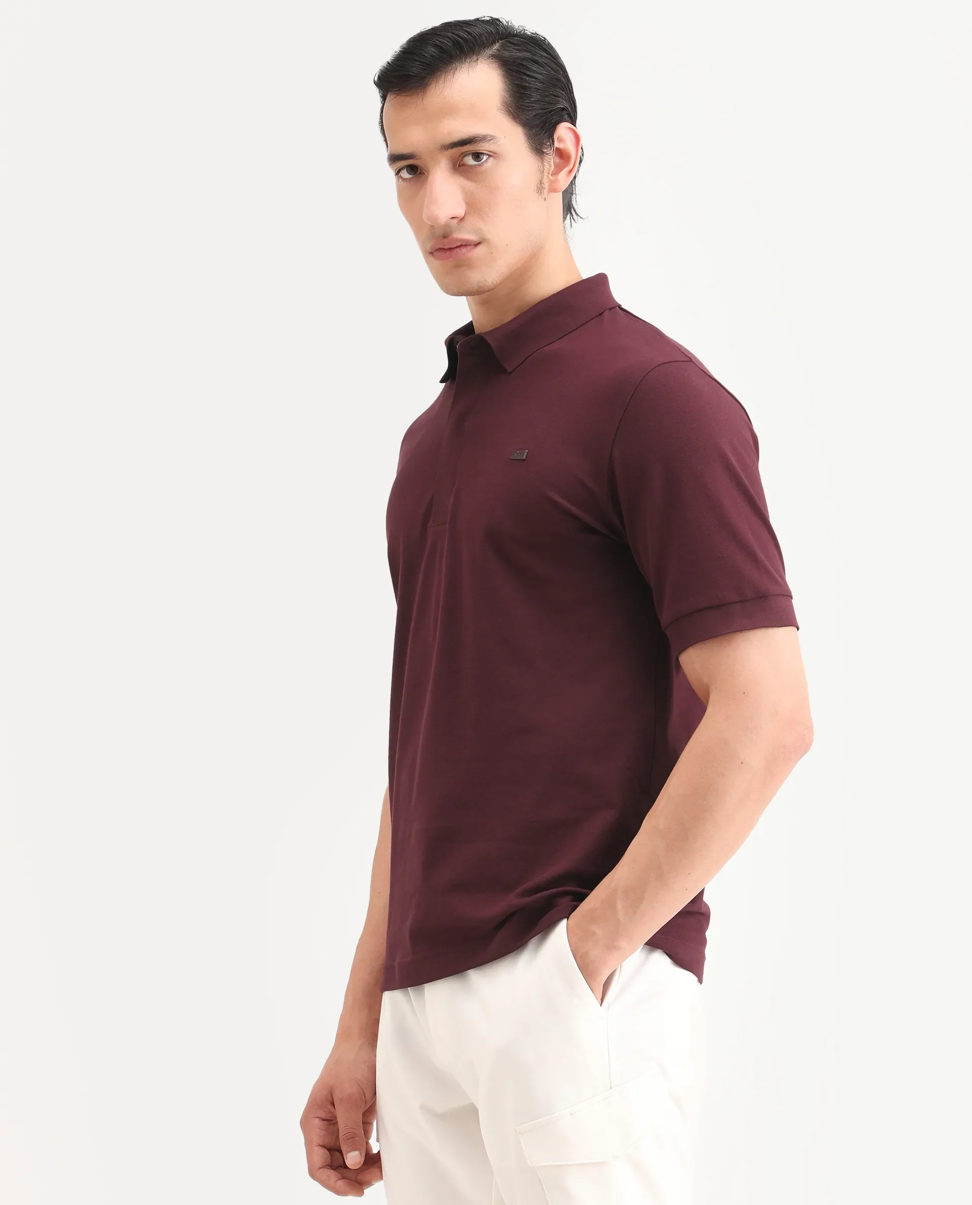 Rare Rabbit Men's Salis-S26 Dark Red Cotton Blend Fabric Half Sleeve Spread Collar Regular Fit Plain Polo - Image 5