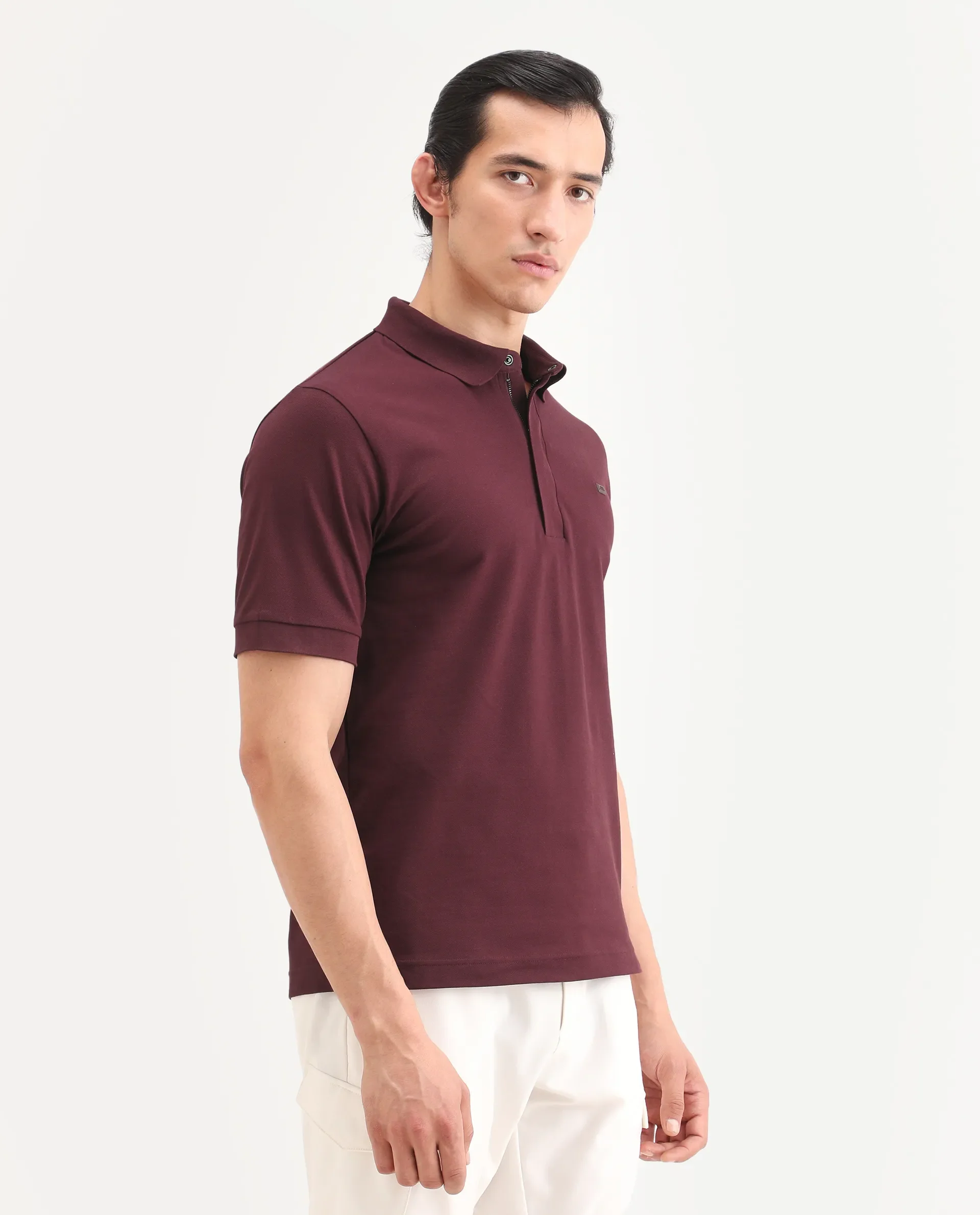 Rare Rabbit Men's Salis-S26 Dark Red Cotton Blend Fabric Half Sleeve Spread Collar Regular Fit Plain Polo - Image 6