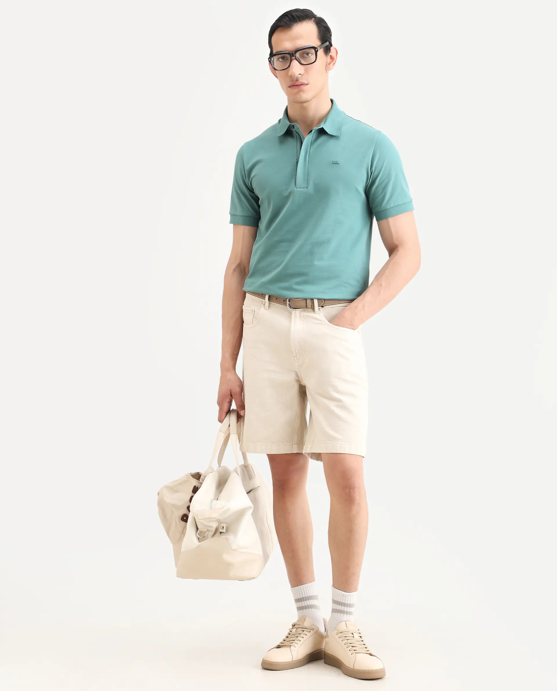 Rare Rabbit Men's Salis-S26 Dusky Green Cotton Blend Fabric Half Sleeve Spread Collar Regular Fit Plain Polo - Image 2