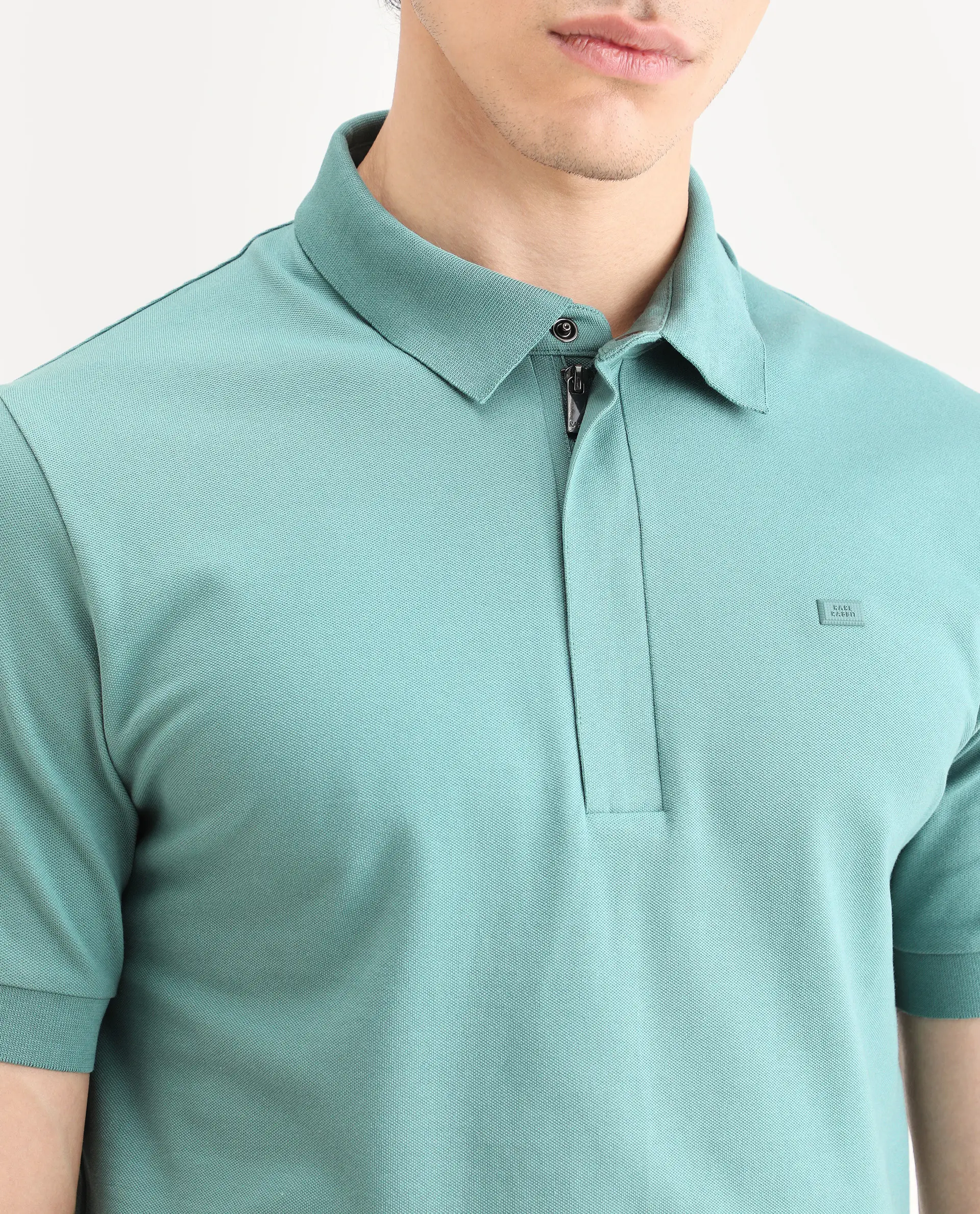 Rare Rabbit Men's Salis-S26 Dusky Green Cotton Blend Fabric Half Sleeve Spread Collar Regular Fit Plain Polo - Image 3