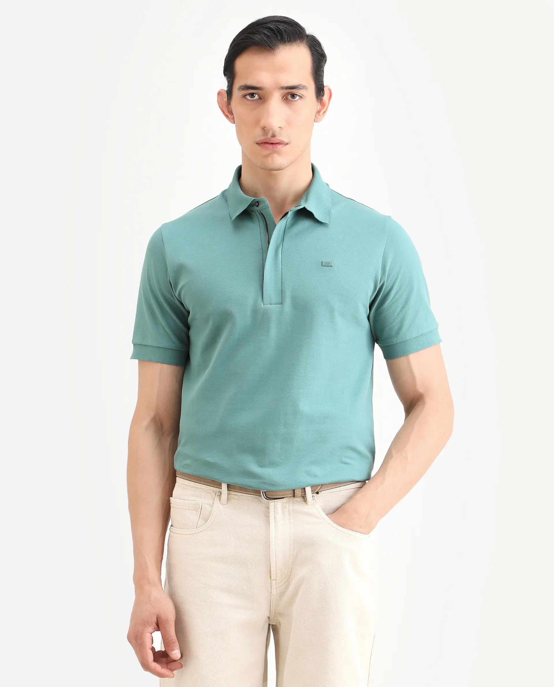 Rare Rabbit Men's Salis-S26 Dusky Green Cotton Blend Fabric Half Sleeve Spread Collar Regular Fit Plain Polo - Image 4