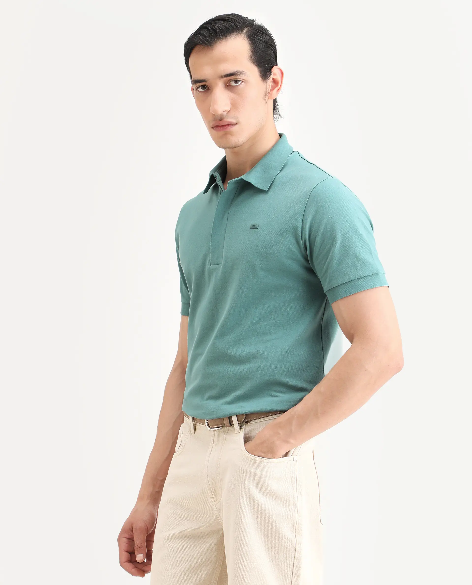 Rare Rabbit Men's Salis-S26 Dusky Green Cotton Blend Fabric Half Sleeve Spread Collar Regular Fit Plain Polo - Image 5