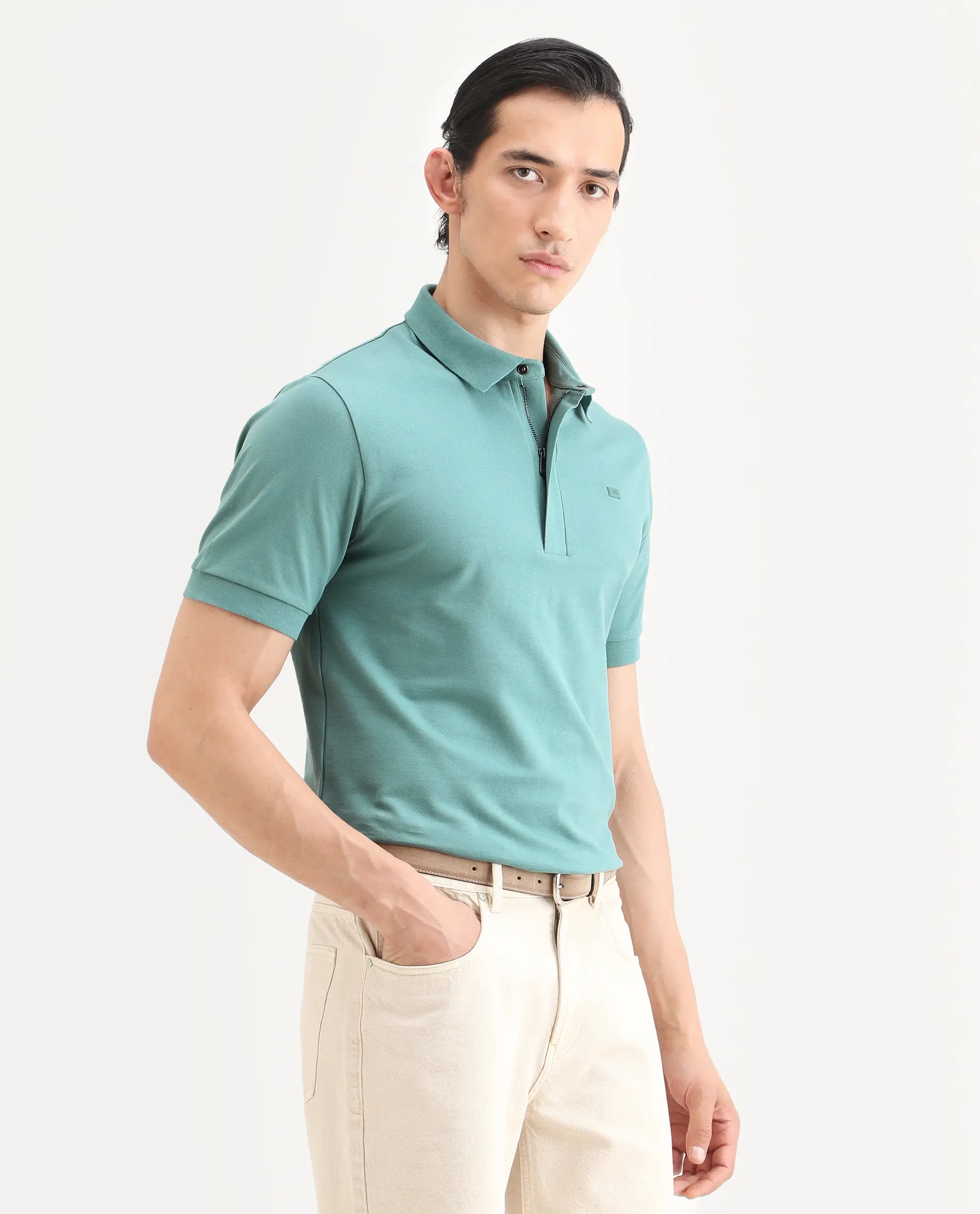 Rare Rabbit Men's Salis-S26 Dusky Green Cotton Blend Fabric Half Sleeve Spread Collar Regular Fit Plain Polo - Image 6